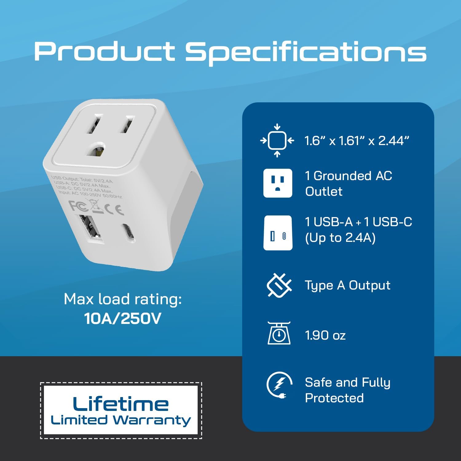 Detalle de Ceptics CTU-6: Japan/Philippines Travel Adapter with USB-A + USB-C (Ultra Compact)