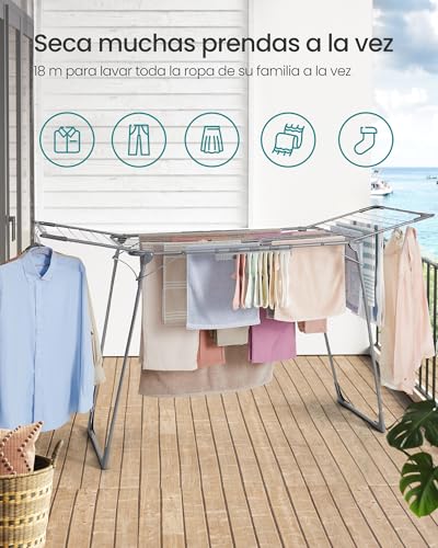 Detalle de SONGMICS Tendedero de pie LLR518G01: 18 m de superficie, estructura estable y plegable (56,5 x 173 x 96,5 cm) en gris