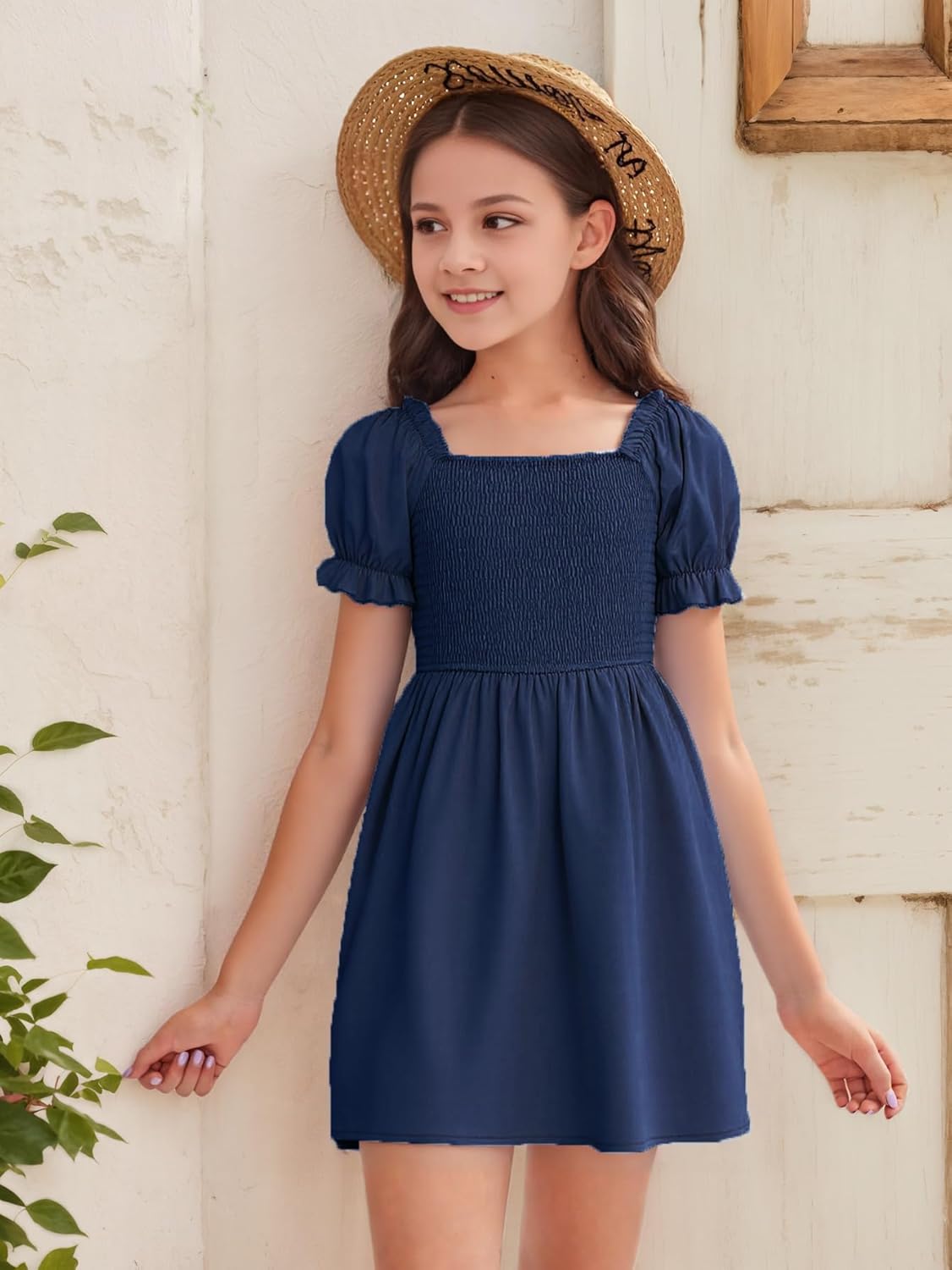 Thumbnail 3 de JiAmy Girls Dresses Summer Short Sleeves Square Neck Lightweight Dress (5–14 Years)
