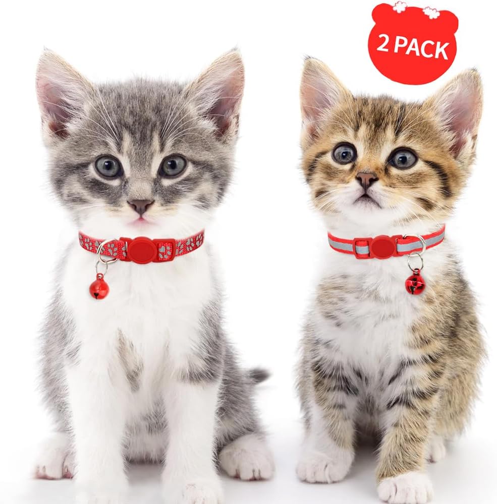 Thumbnail 1 de Taglory reflektierendes Katzenhalsband-Set (2 Stück) mit Sicherheitsverschluss & Glöckchen, verstellbar 15–20 cm – Rot