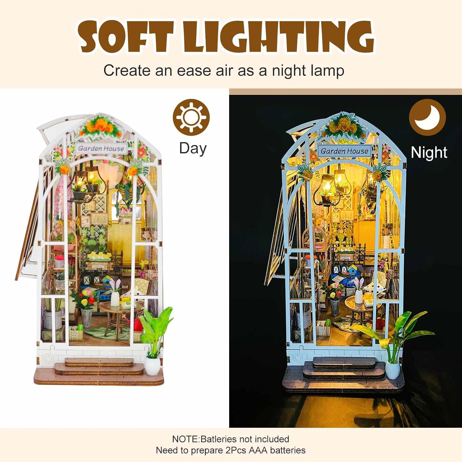 Detalle de FEIMUOSI DIY Book Nook houten miniatuurset met meubels, ledverlichting en muziek