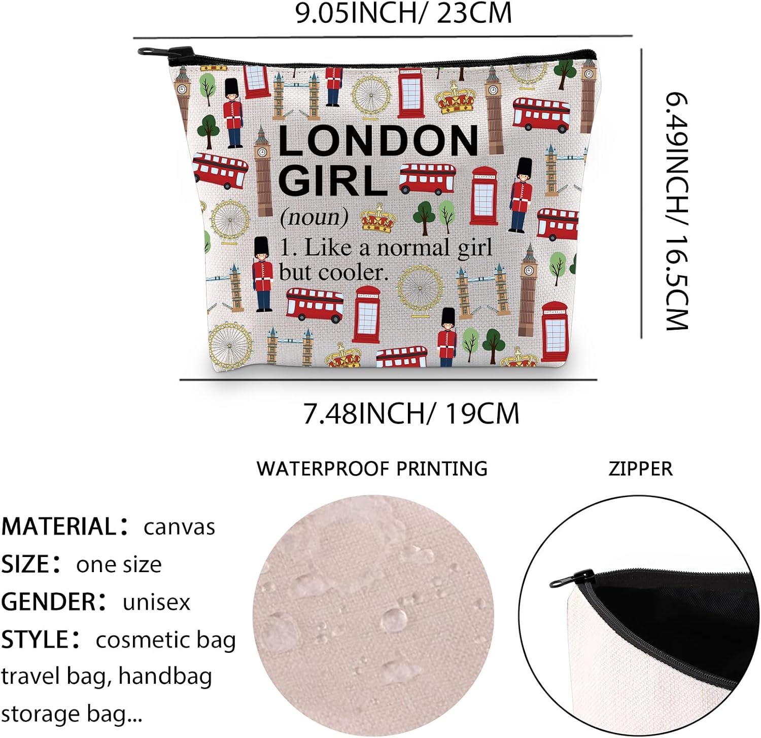 Thumbnail 1 de LEVLO London Girl Makeup Bag & Travel Zipper Pouch (23 x 18 cm)