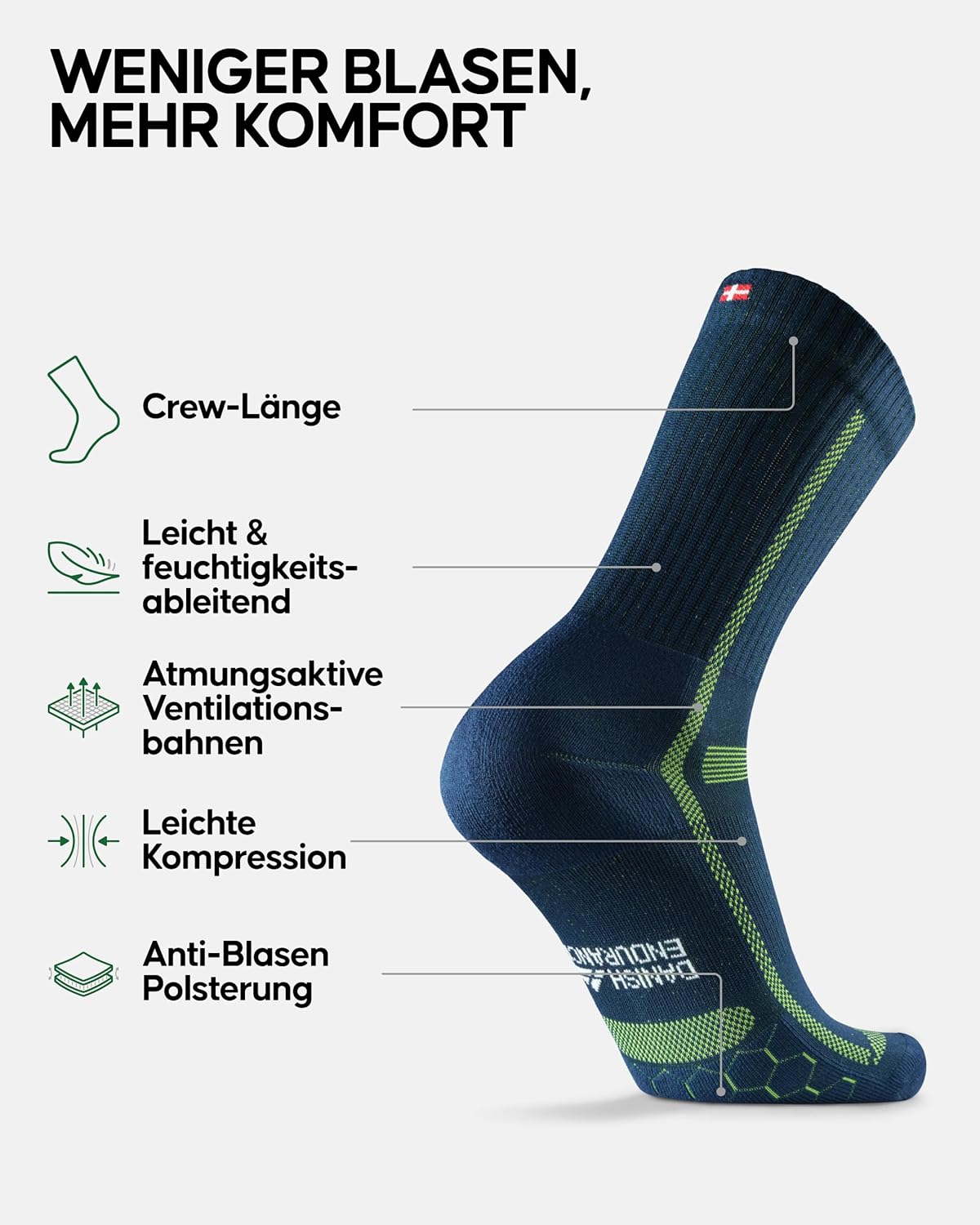 Detalle de DANISH ENDURANCE Crew Laufsocken – Halbhoch, atmungsaktiv, leichte Kompression (3er & 5er Pack)