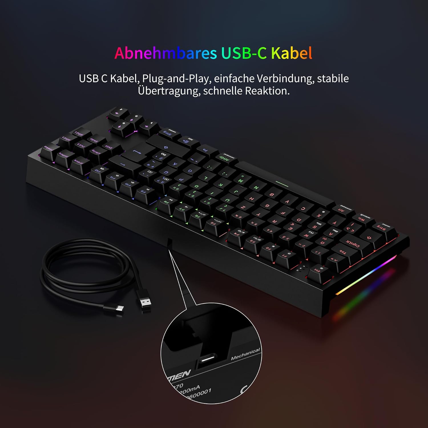 Thumbnail 4 de Newmen GM870 TKL Gaming-Tastatur (75%) mit Hot-Swap, kabelgebunden, RGB, Anti-Ghosting – deutsches QWERTZ, rote Switches