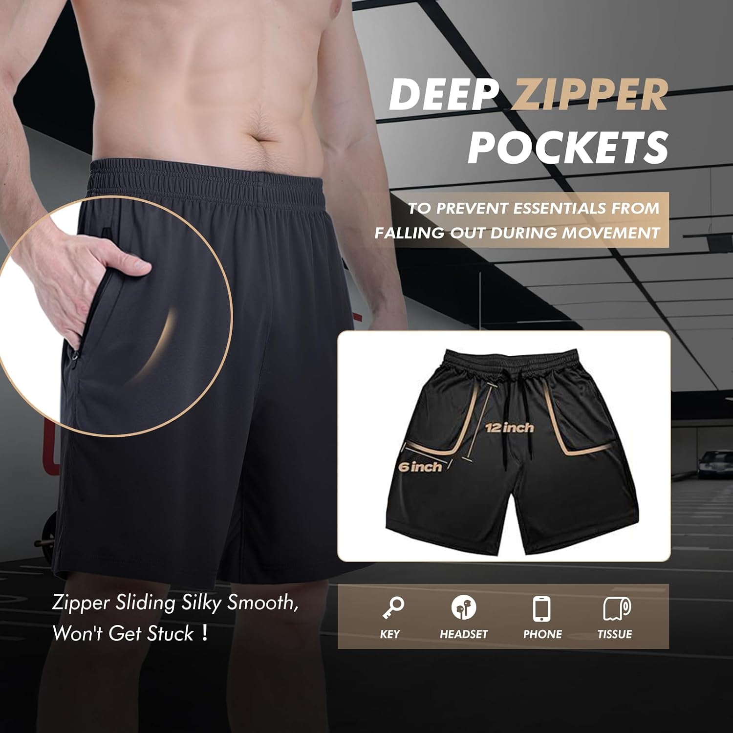 Detalle 2 de BOOJO 5-Pack Athletic Basketball Shorts for Men with Zipper Pockets (Lightweight Quick-Dry)