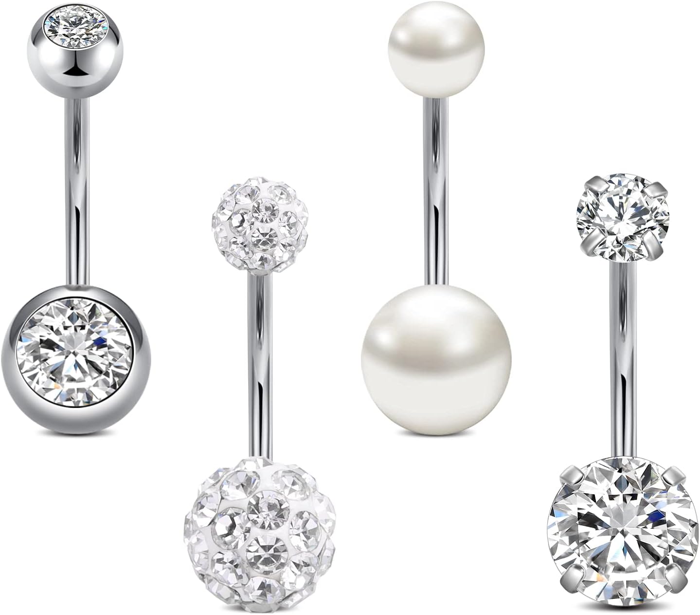 Detalle de Rajnard Bauchnabelpiercing 14G 12mm – 4er Set aus Chirurgenstahl mit CZ-Perle und Kristallkugel
