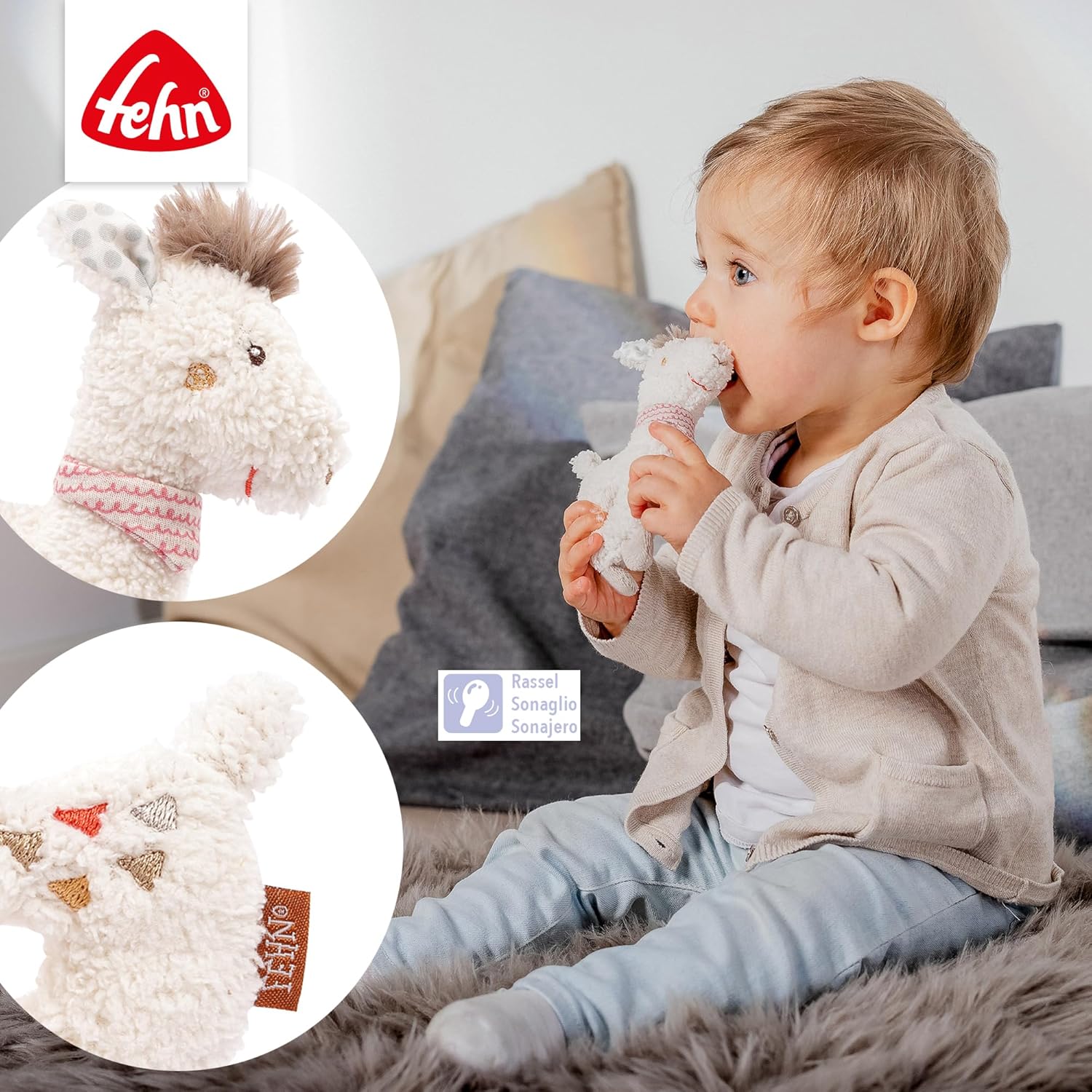 Detalle 2 de Fehn 058154 Ring-Greifling Lama: giocattolo da afferrare con sonaglio per neonati