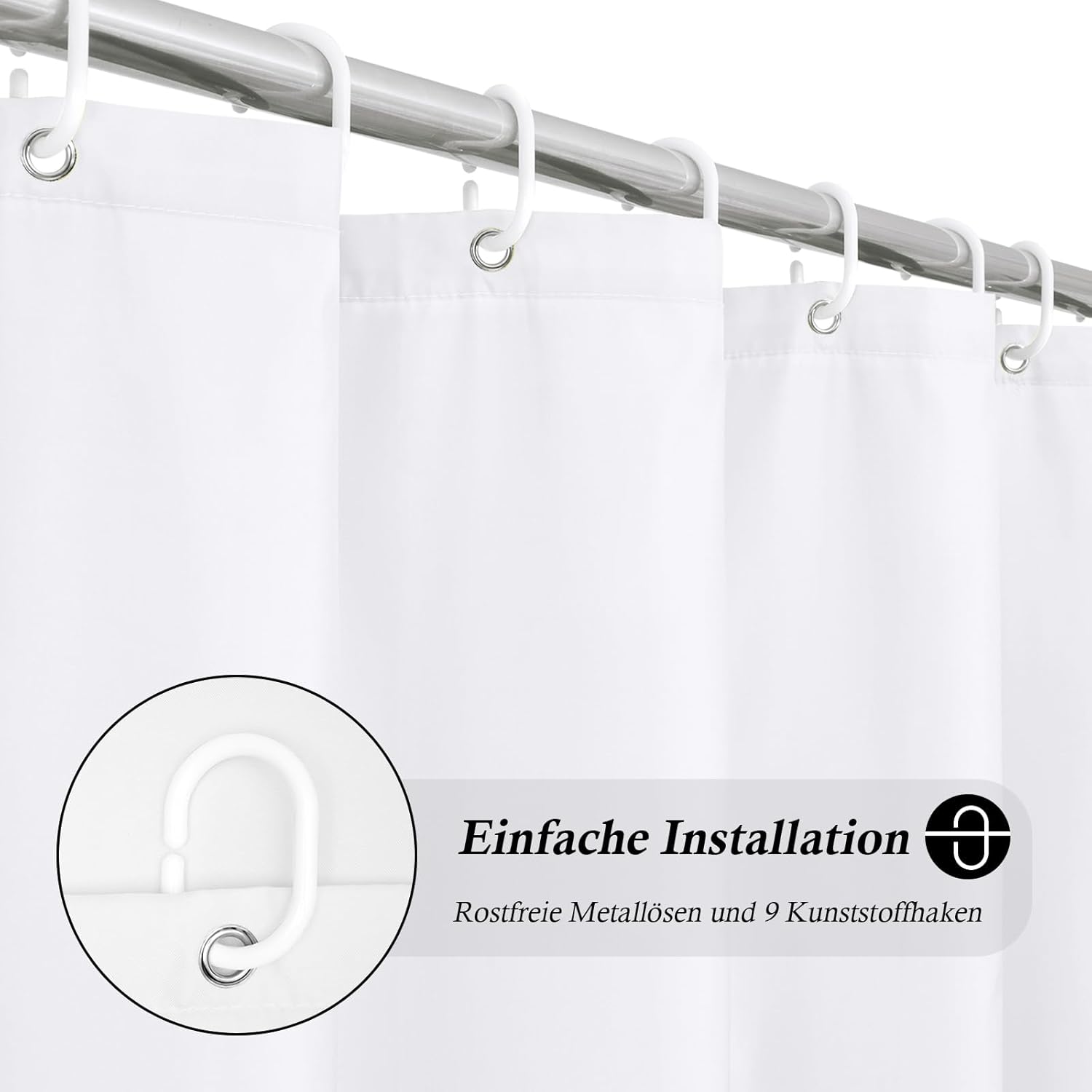 Thumbnail 1 de EurCross Duschvorhang Weiß 140 x 200 cm aus 100% Polyester, wasserabweisend mit 9 Ringen