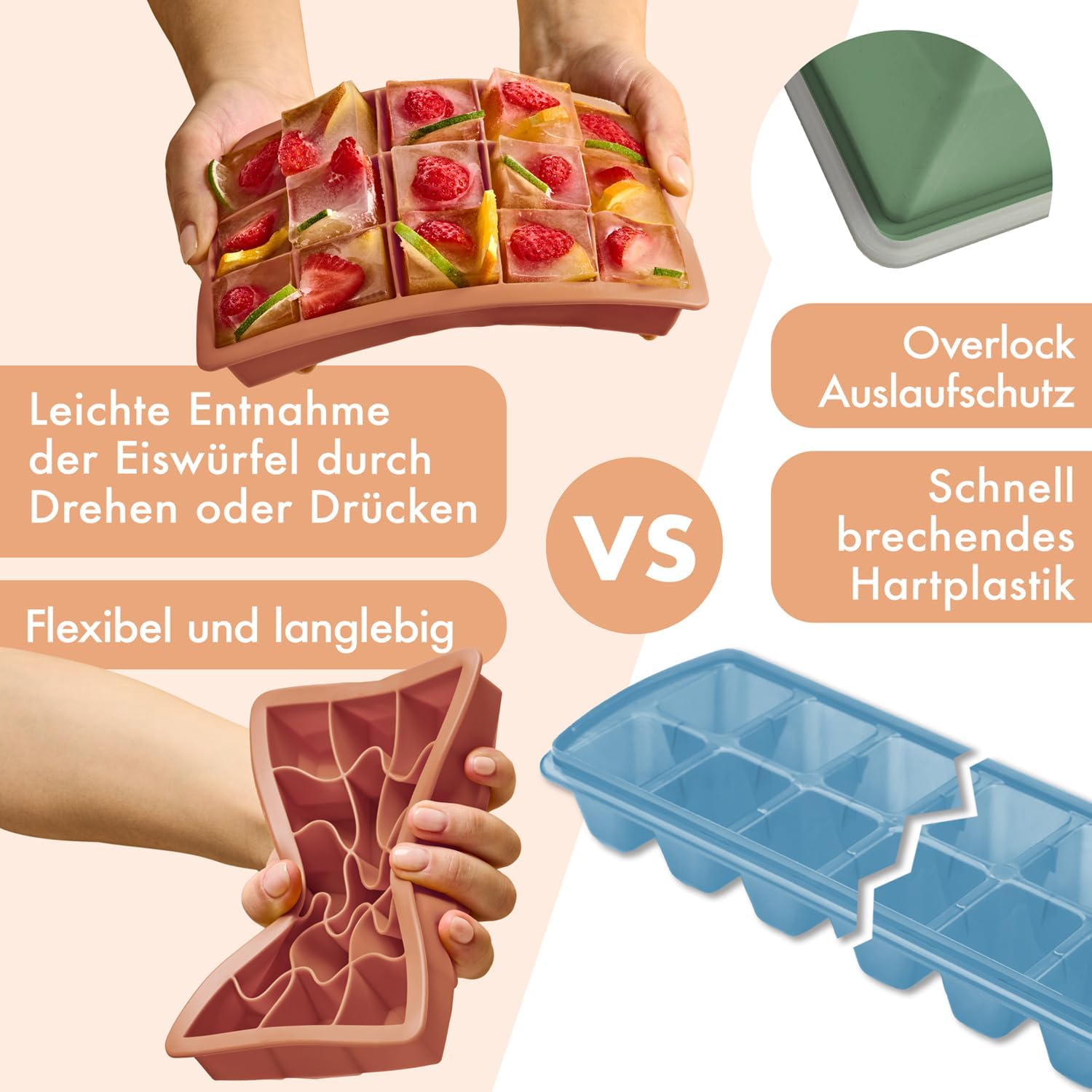 Thumbnail 2 de Blumtal Silikon-Eiswürfelformen 3er-Set: 15er Fächer pro Form mit Deckel, BPA-frei, lebensmittelecht, Olivgrün/Mineralrot