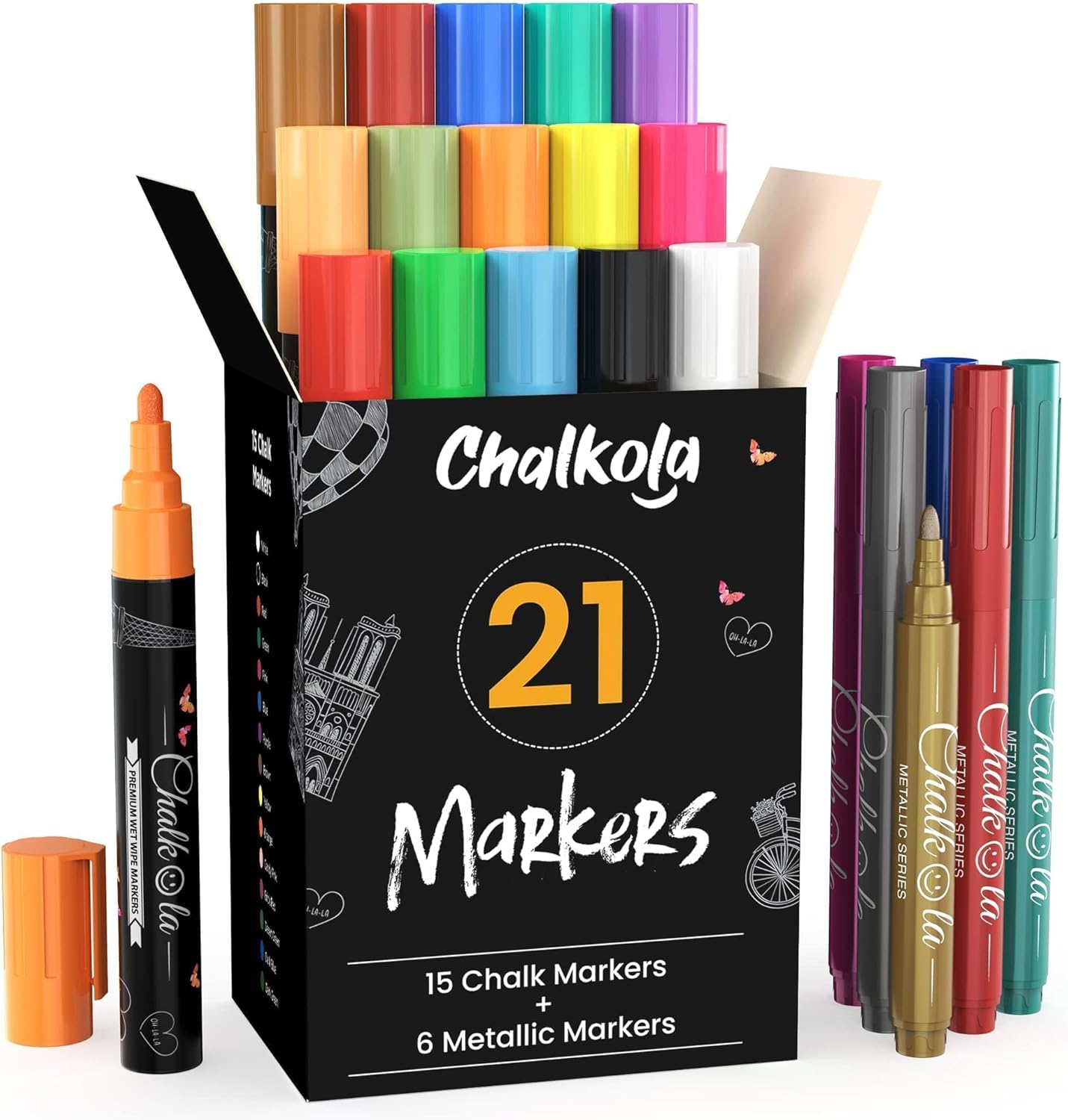 Detalle de Chalkola Chalk Pens & Metallic Colours (Pack of 21) Neon chalk markers with erasable water-based ink
