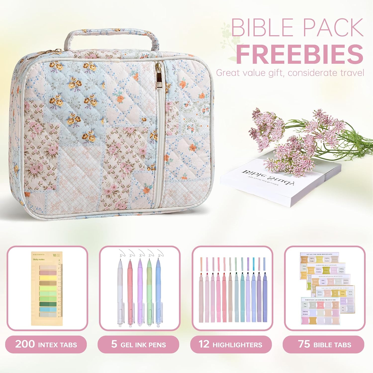 Detalle de YKFLY Quilted Bible Cover Case, Floral Cotton Carrying Bag with Zipper