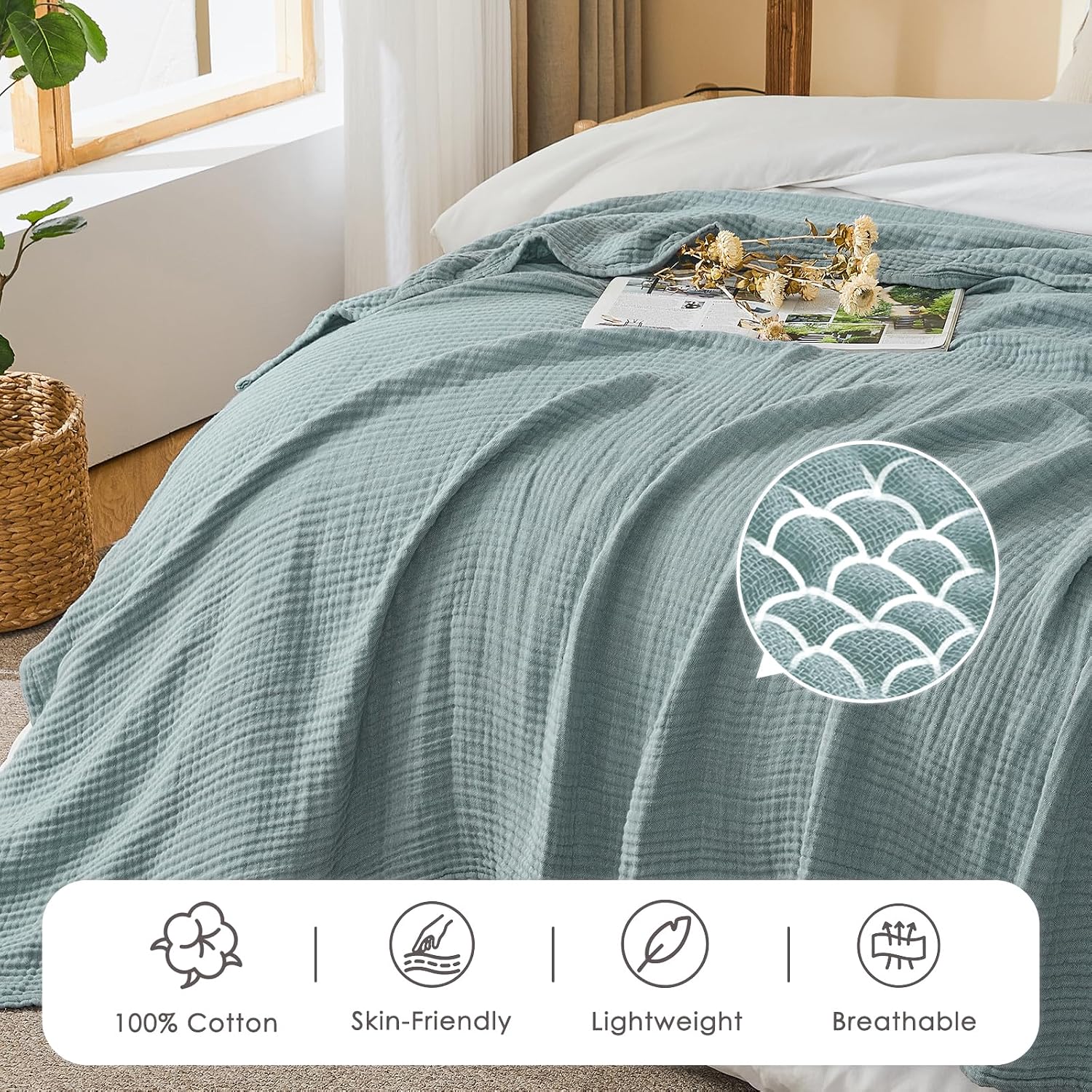 Detalle 1 de EMME Muslin-EMC4CR7N6 Cotton Muslin Blanket, Queen 90" x 90", Heather Teal