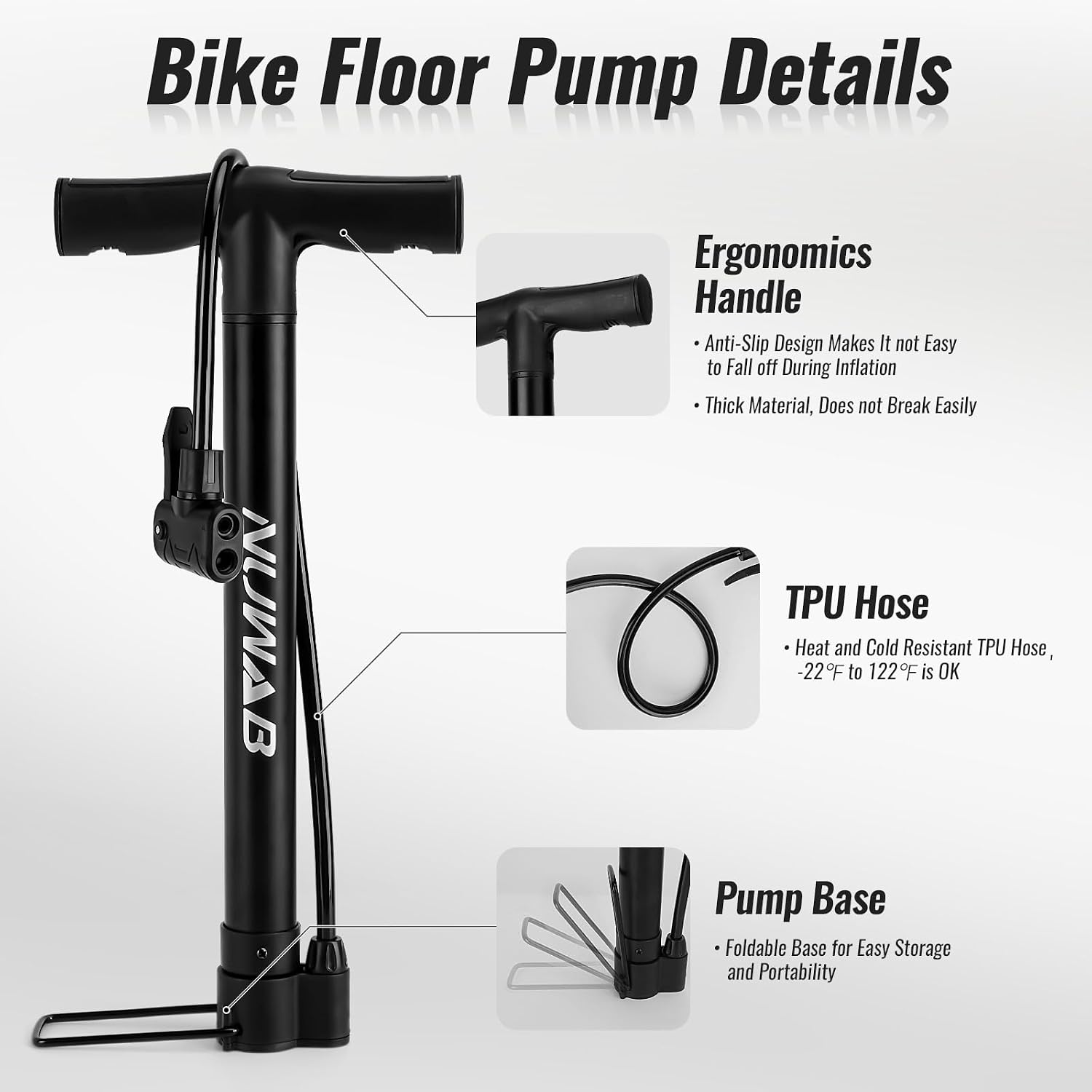 Detalle de NUWAB Bike Floor Pump: Portable, Wide-Valve Compatibility for Bikes, Balls and More