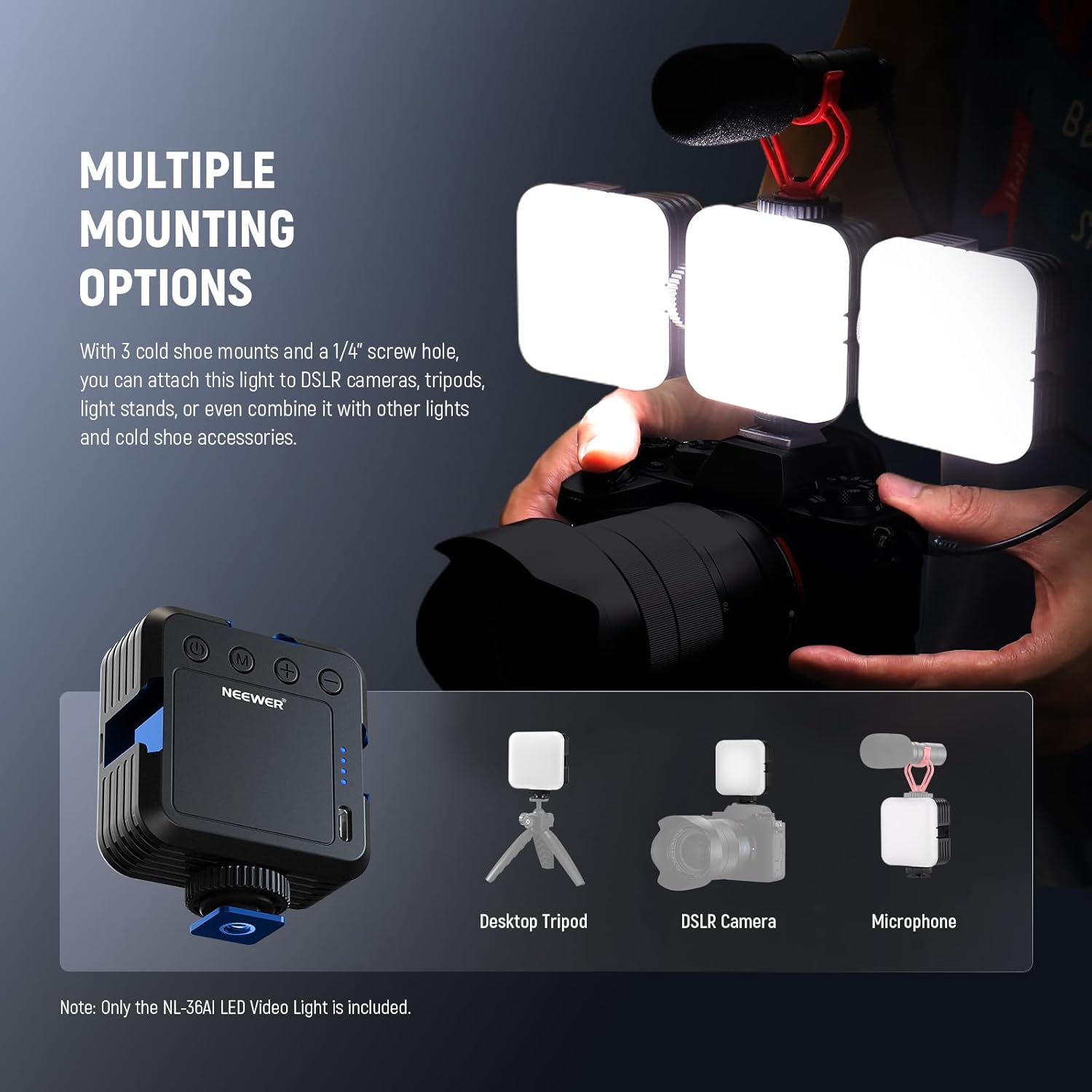 Thumbnail 5 de NEEWER NL-36AI : lampe vidéo LED portable bicolore 3200K–5600K, dimmable