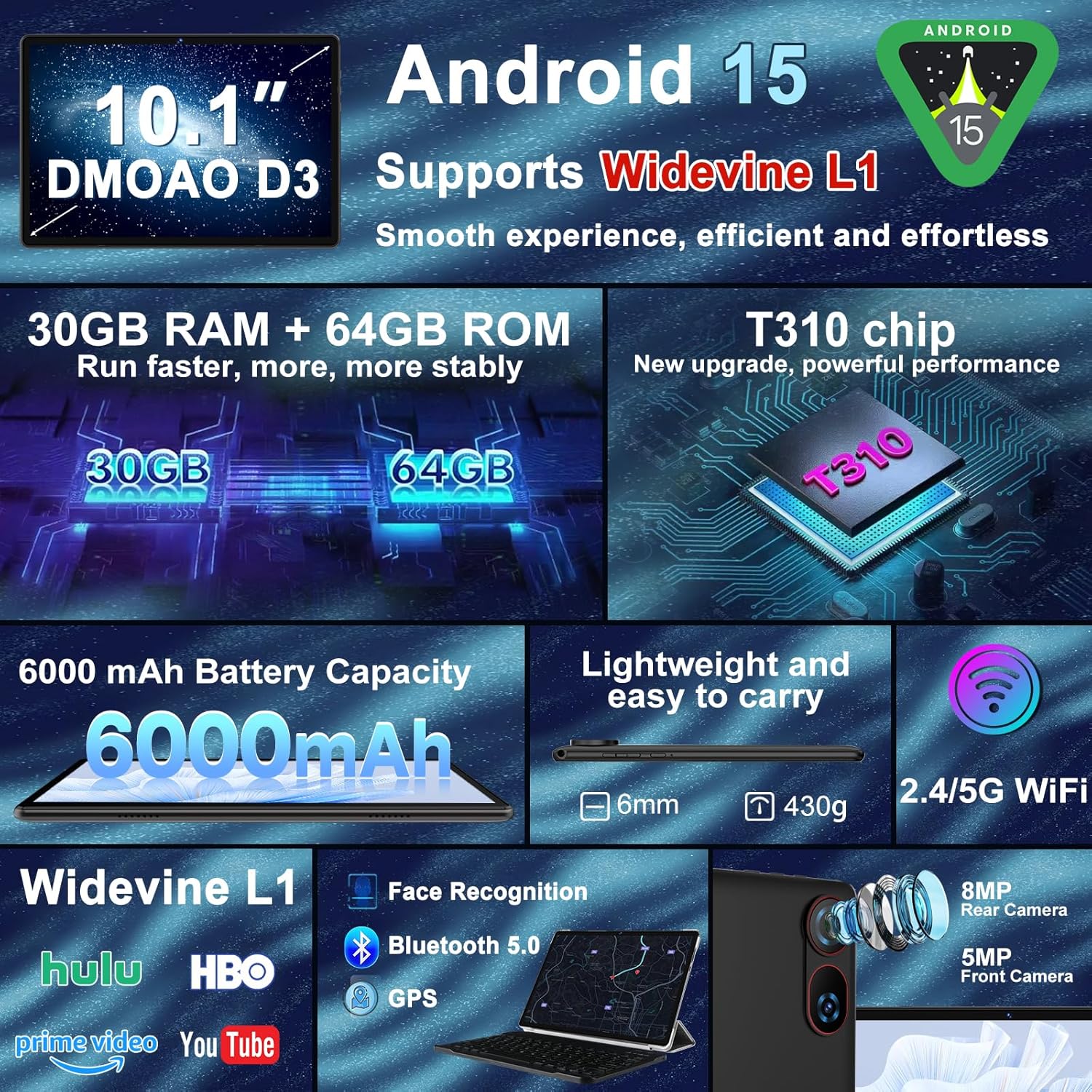 Thumbnail 1 de YESTEL 10-inch Android 15 tablet with Gemini AI, 30GB RAM (2TB expansion) and 5G WiFi + GPS, Black