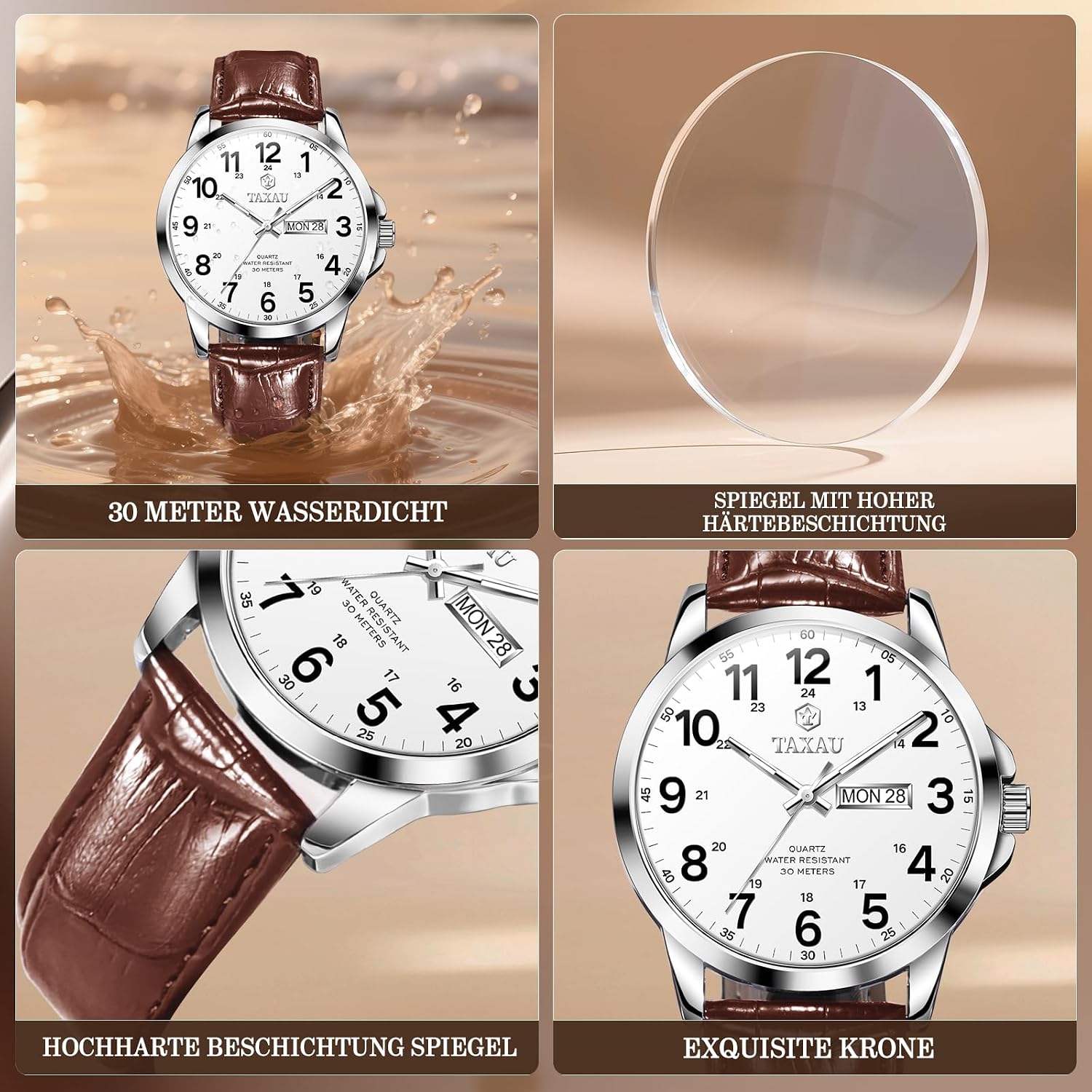 Detalle 2 de Taxau Herren: Wasserdichte Uhr mit Lederband, lumineszierendem Zifferblatt und Datum
