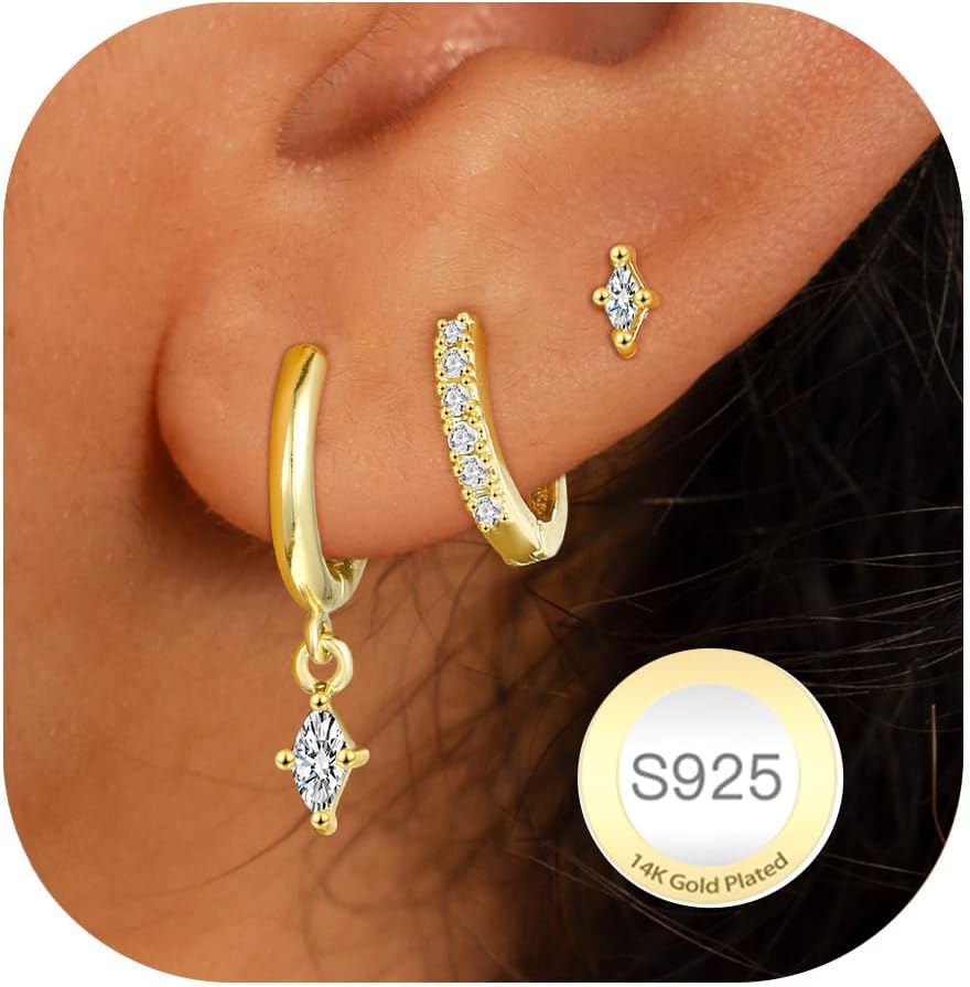 Thumbnail 6 de DORANA 3-Pair Sterling Silver Huggie Hoop Earrings with Cubic Zirconia