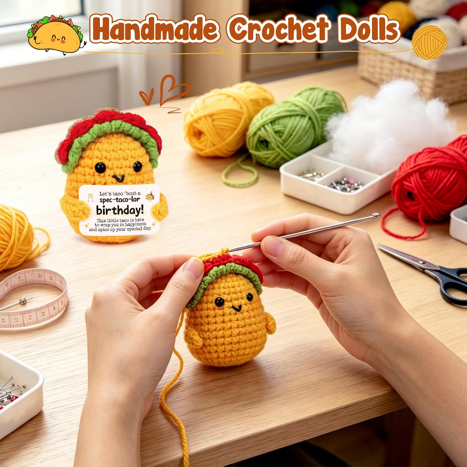 Detalle de LuoHere Crochet Taco Birthday Gift, Handmade Wool Yarn Figure with Funny Message