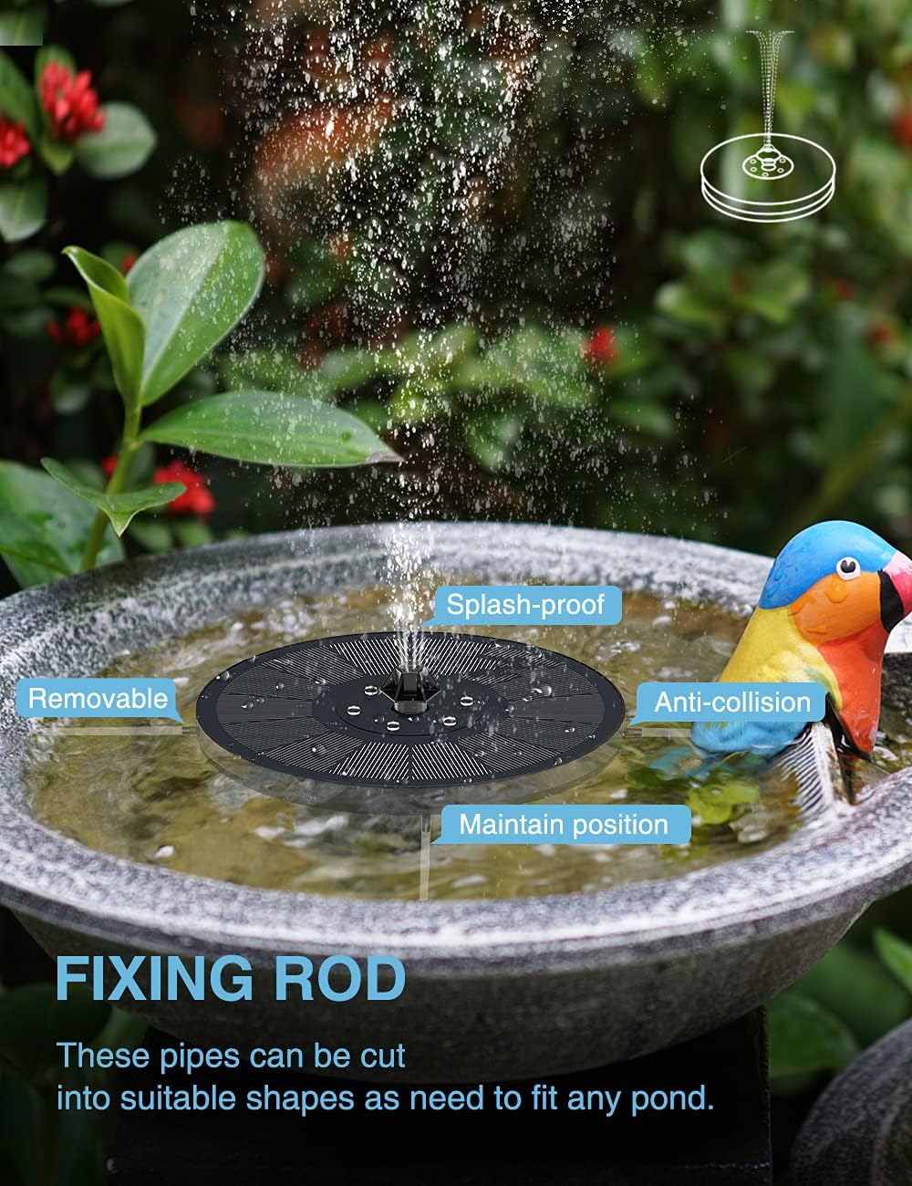 Thumbnail 5 de Solar Fountain for Bird Bath (3W) with LED Lights, 8 Nozzles and Anti-Collision Bars – Black
