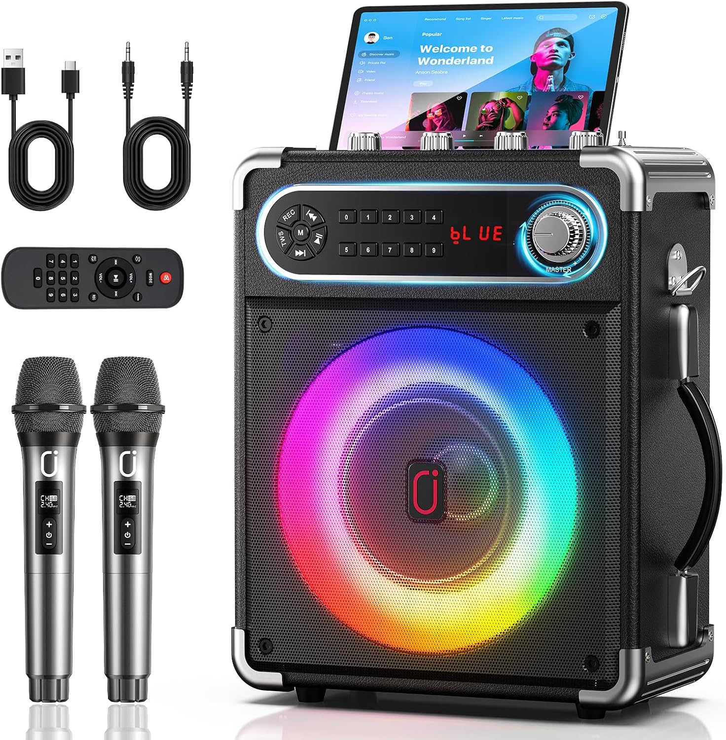Detalle de HWWR S55 Karaoke Machine, 200W Peak, Wood Cabinet, Dual Wireless Mics