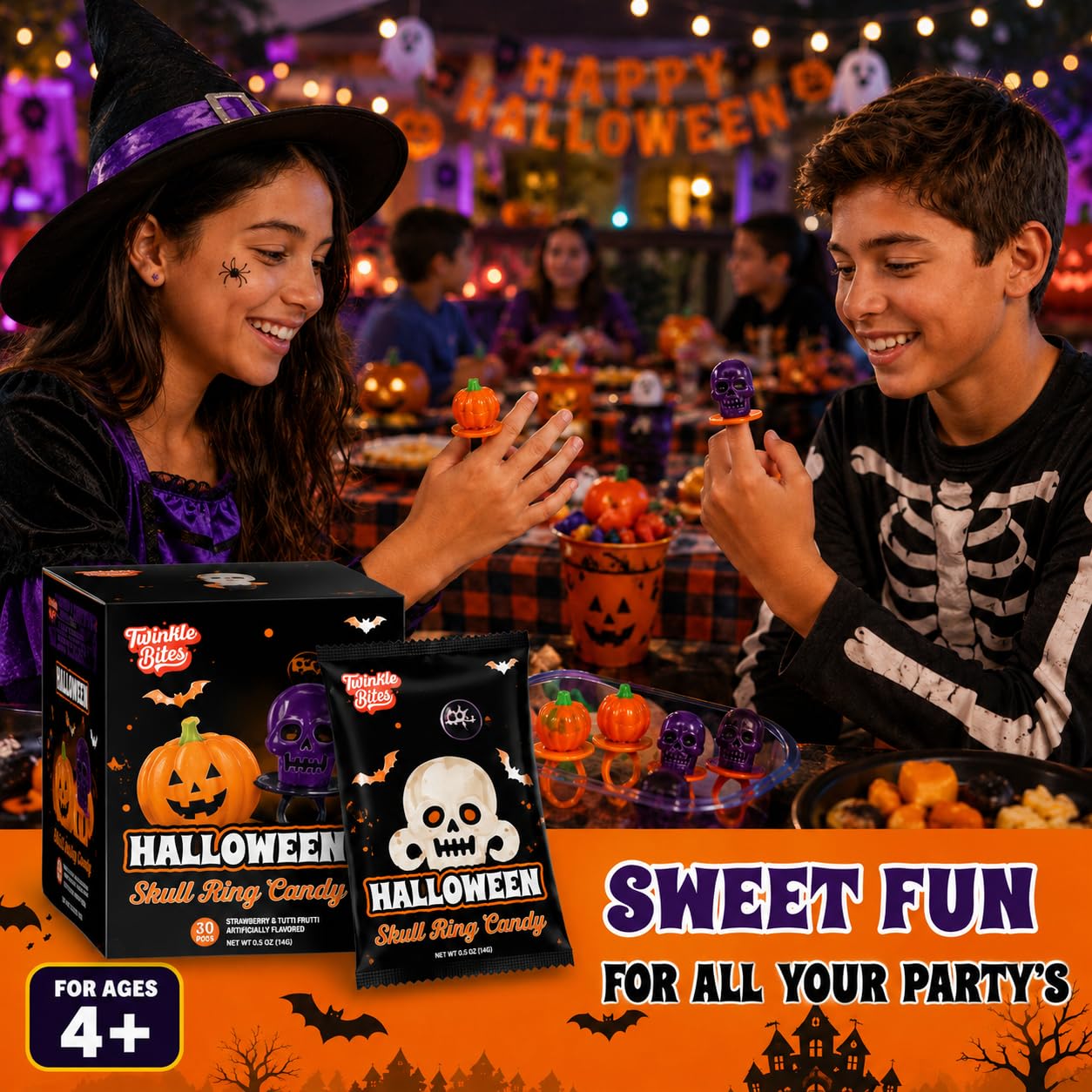 Detalle de Twinkle Bites Halloween Ring Lollipops, 60-Pack with Pumpkin & Skull Designs
