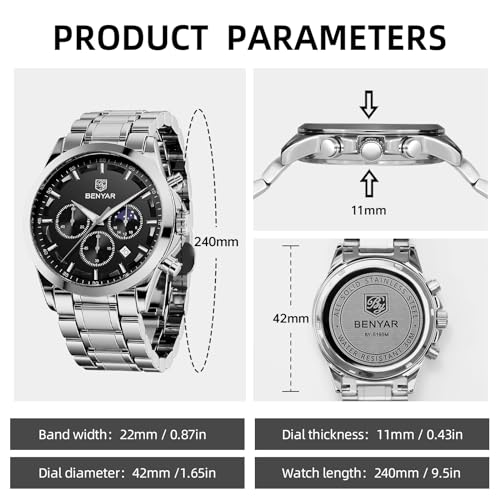 Thumbnail 5 de Reloj cronógrafo analógico BENYAR para hombre, impermeable 3 ATM y con iluminación