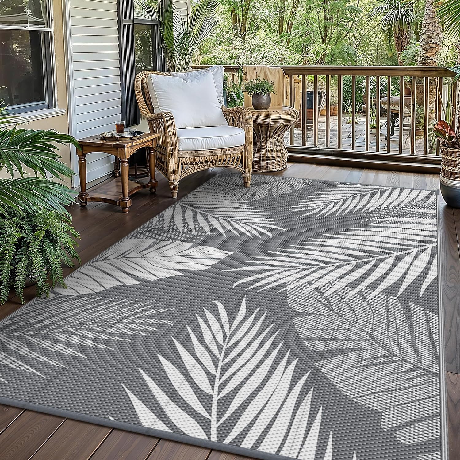 Thumbnail 6 de GENIMO Outdoor-Teppich Wetterfest 150x240 cm – Balkon-Teppich mit botanischem Blattmuster, waschbar (Schwarz/Braun)