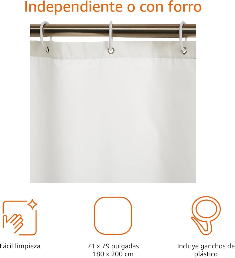 Detalle 2 de Amazon Basics Cortina de Ducha de Tela Resistente al Agua 💧, 180x200 cm