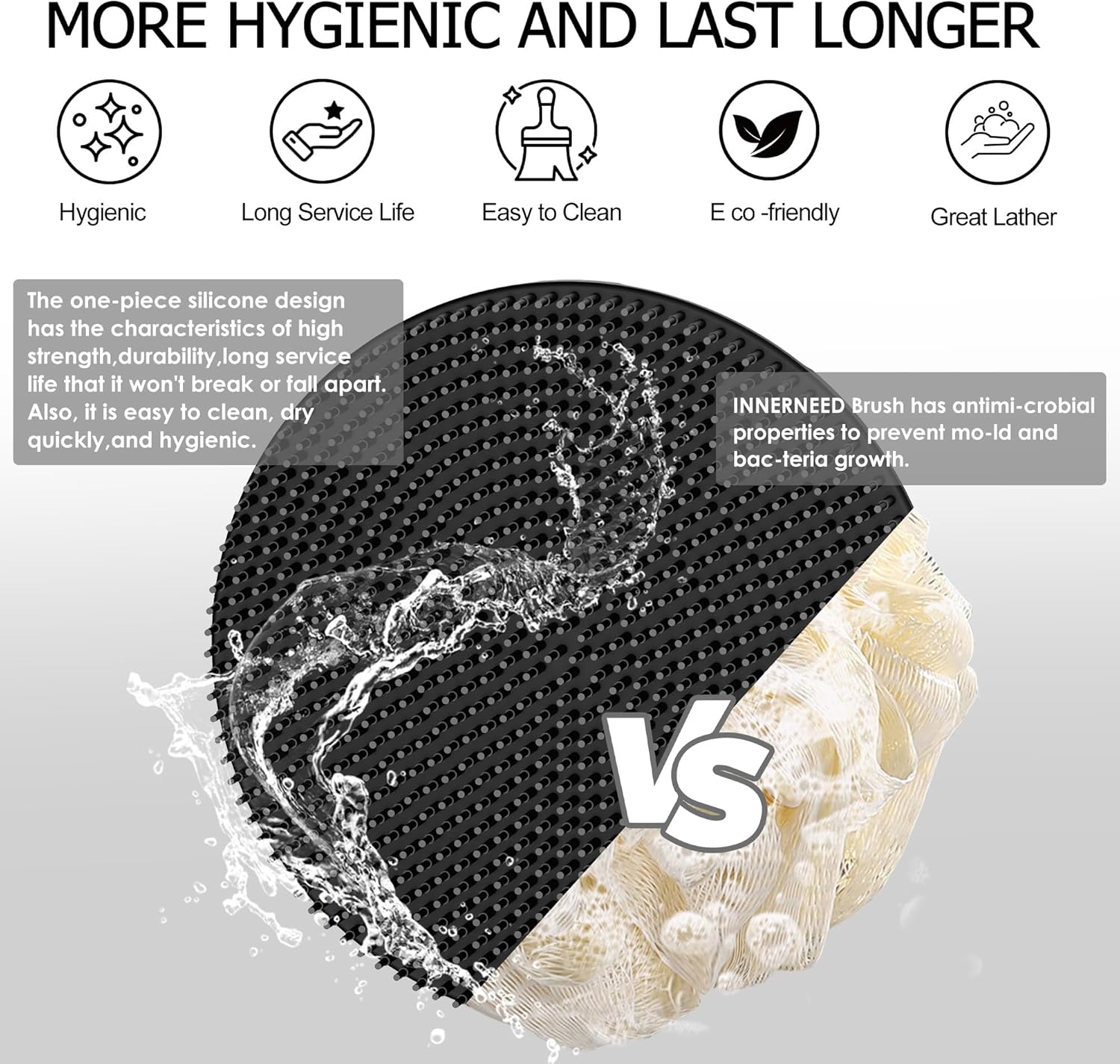 Thumbnail 3 de INNERNEED Food-Grade Soft Silicone Body Scrubber Shower Brush (Black) – Handheld cleansing skin brush