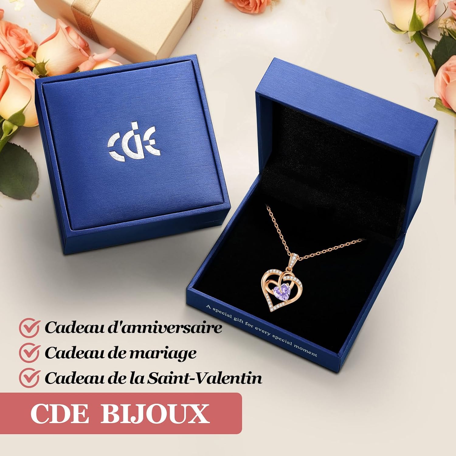 Thumbnail 5 de CDE Damen Ewigkeitsherz-Kette mit Doppelherz & Zirkonia, Roségoldfarben (rhondiniert) – Halskette mit Herzanhänger