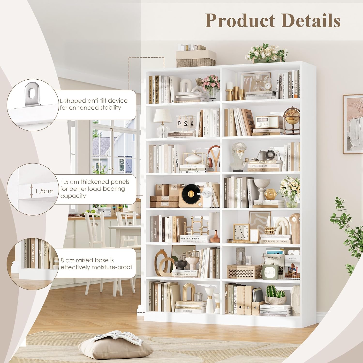 Detalle 1 de FirFurd P641 14-Compartment Bookcase, White, 116 x 28.5 x 212 cm