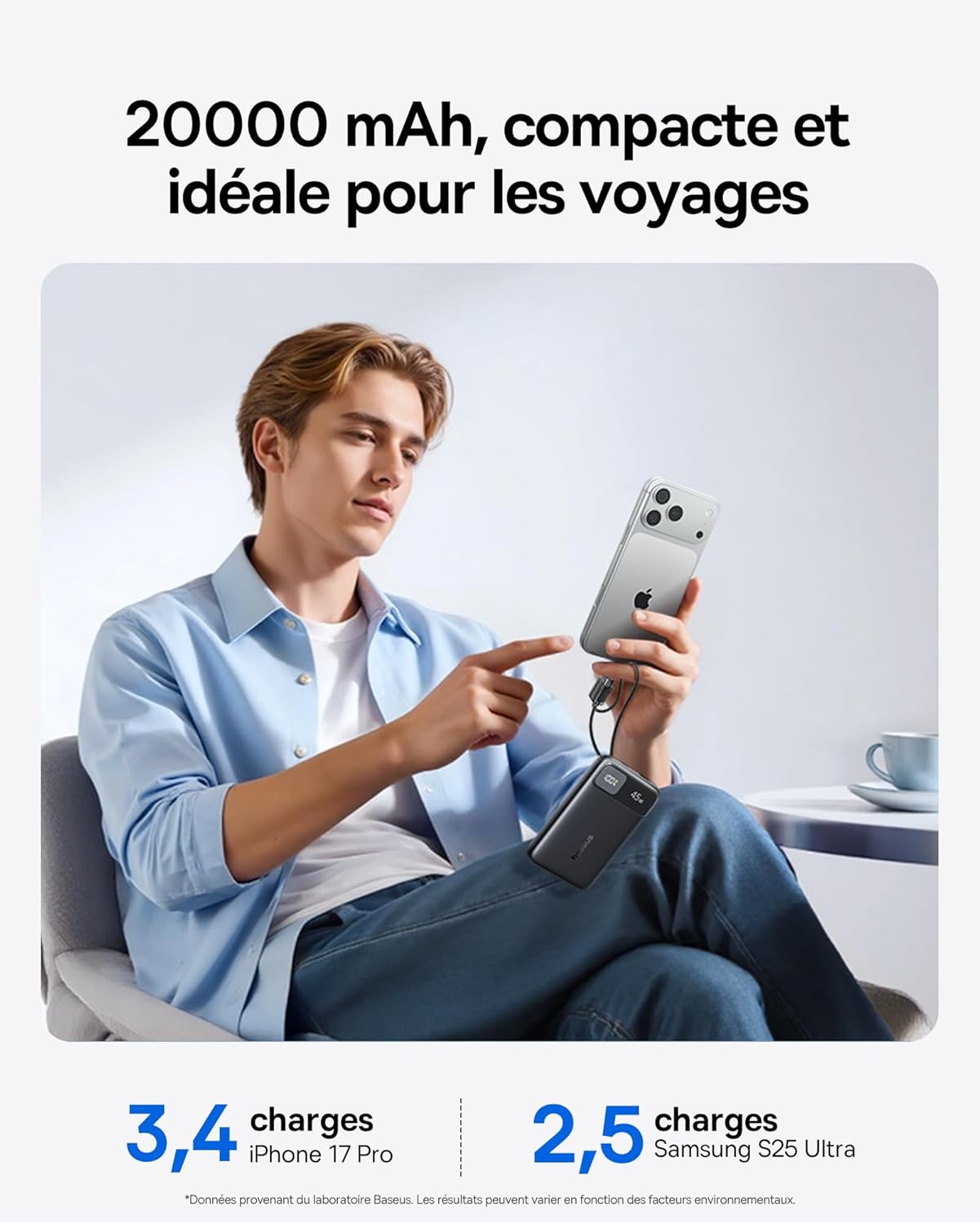 Thumbnail 2 de Baseus FC11 Powerbank Compact 45W 20000 mAh avec 2 câbles USB-C intégrés