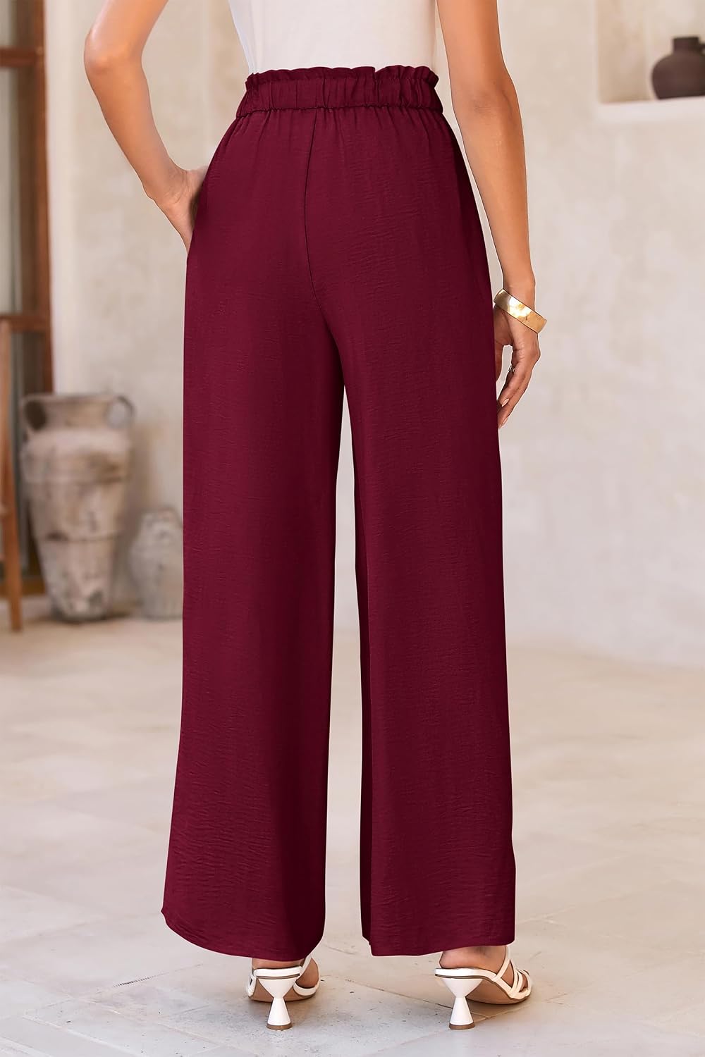 Detalle 2 de PRETTYGARDEN Women's Palazzo Work Pants, Wide Leg, Elastic Waist, Tie Front