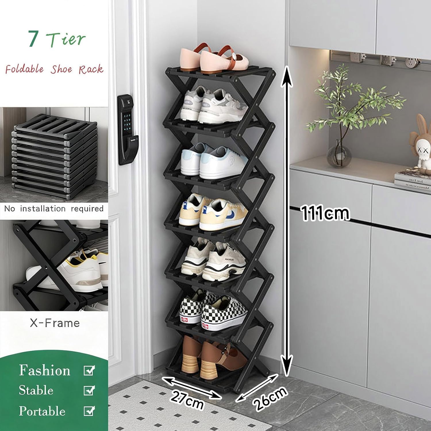 Thumbnail 1 de GIRYES Kleines Schuhregal, 7 Etagen, Bambus, schwarz – freistehendes, faltbares Regal ohne Installation