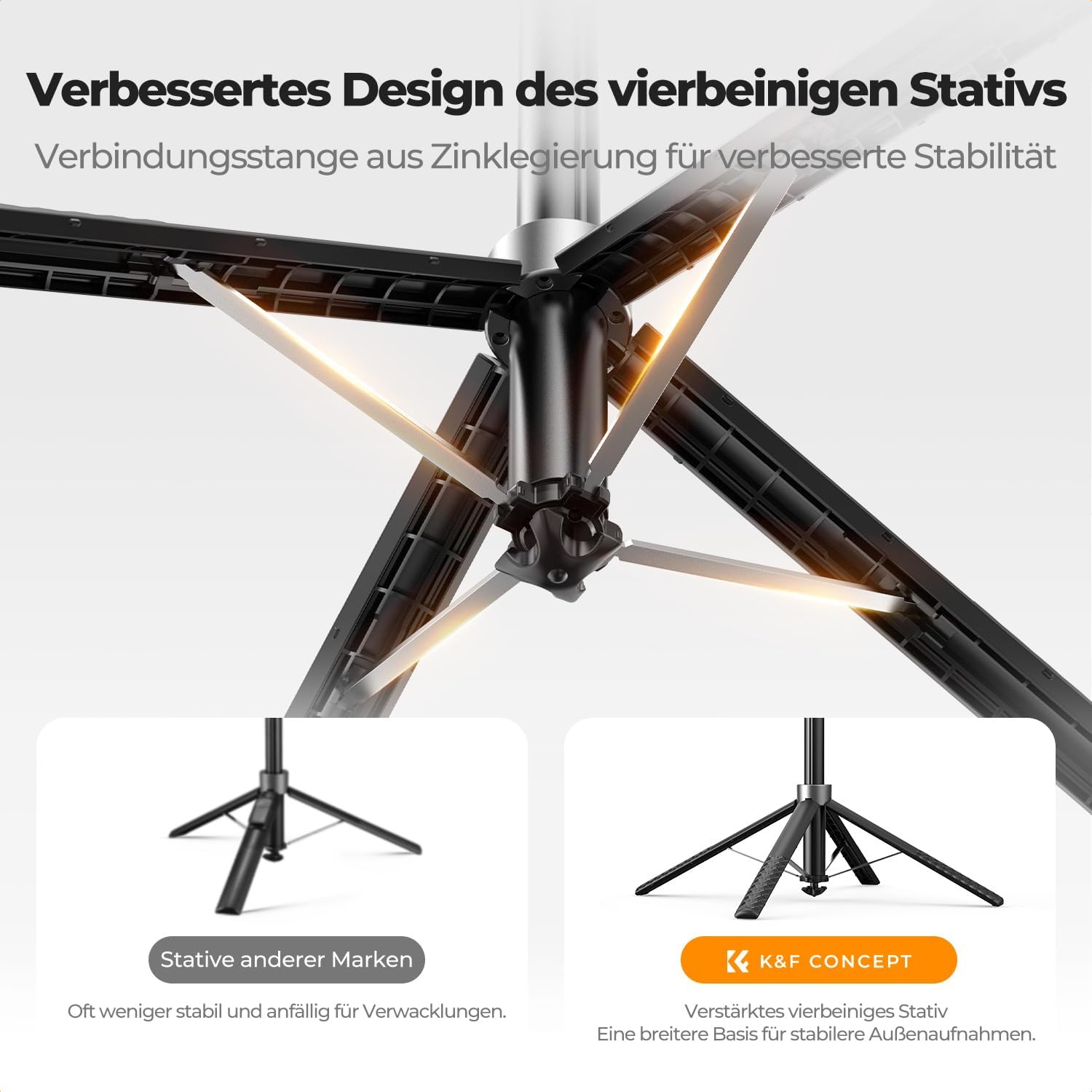Detalle 2 de K&F CONCEPT Selfie Stick 180 cm Selbstausfahrend – Vierbein-Stabilität, 360°-Klemme und Bluetooth Fernbedienung