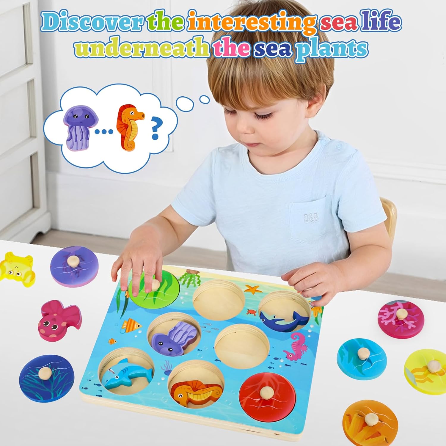 Thumbnail 1 de LZDMY Wooden Montessori Ocean Puzzles & Sorting Toy (8 sea animals)
