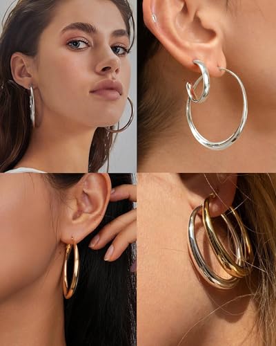 Thumbnail 5 de Geveay Sterling Silver Hoop Earrings for Women – Hypoallergenic Hollow Tube Hoops in 30/40/50/60mm