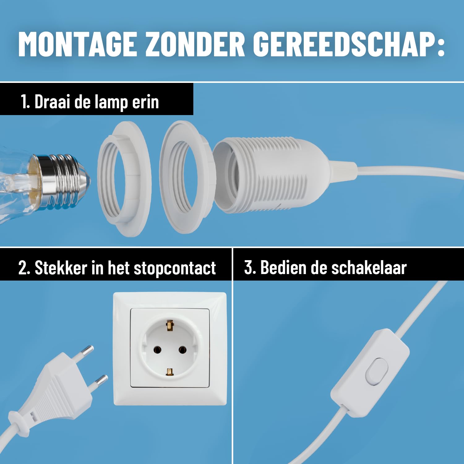 Detalle de greate 505002-2 E27-lampfitting met stekker en schakelaar, set van 2 met witte kabel van 5 m