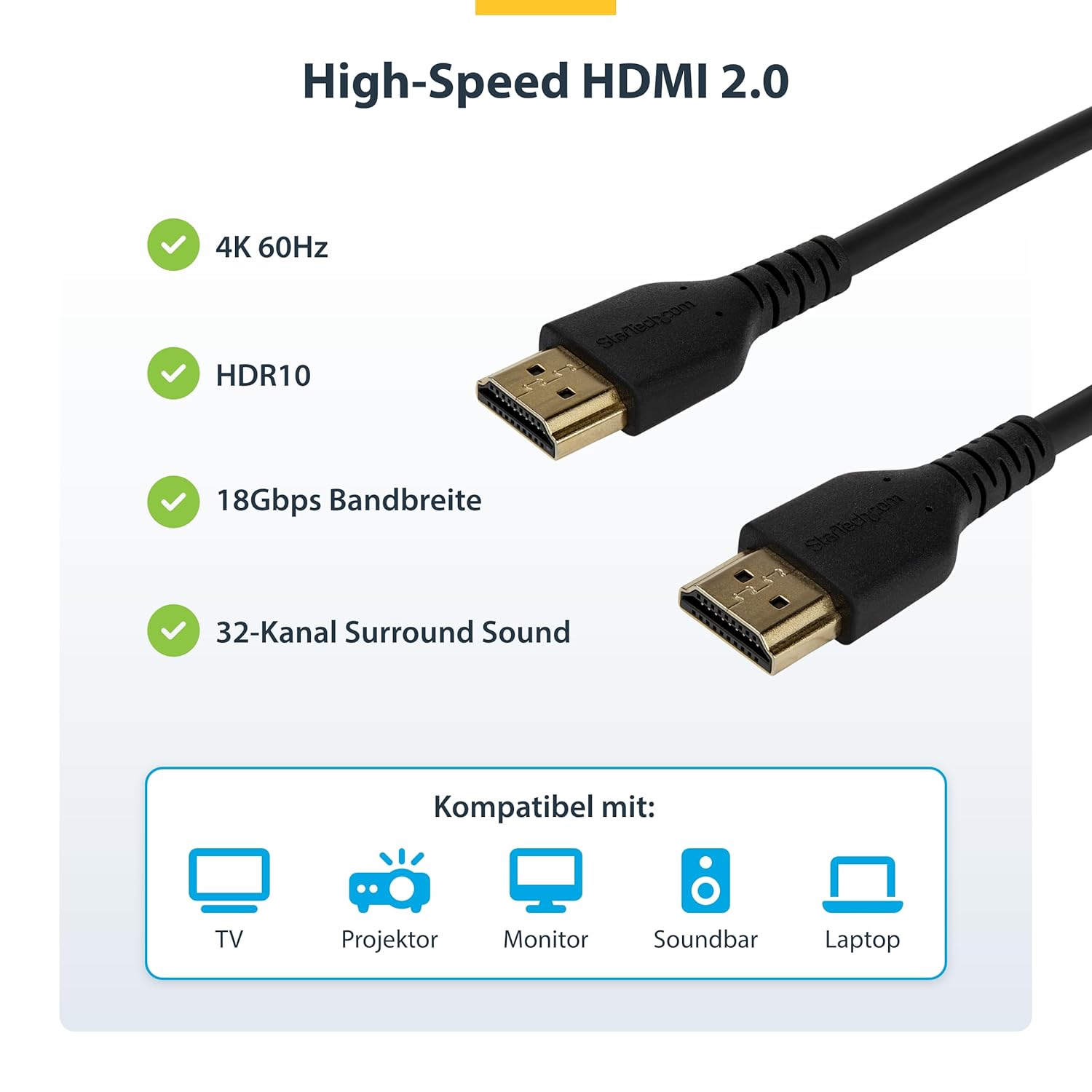 Thumbnail 1 de StarTech.com 2m Premium HDMI 2.0 Kabel mit Ethernet – Aramidfaser verstärkt, HDCP 2.2, ARC, BT.2020