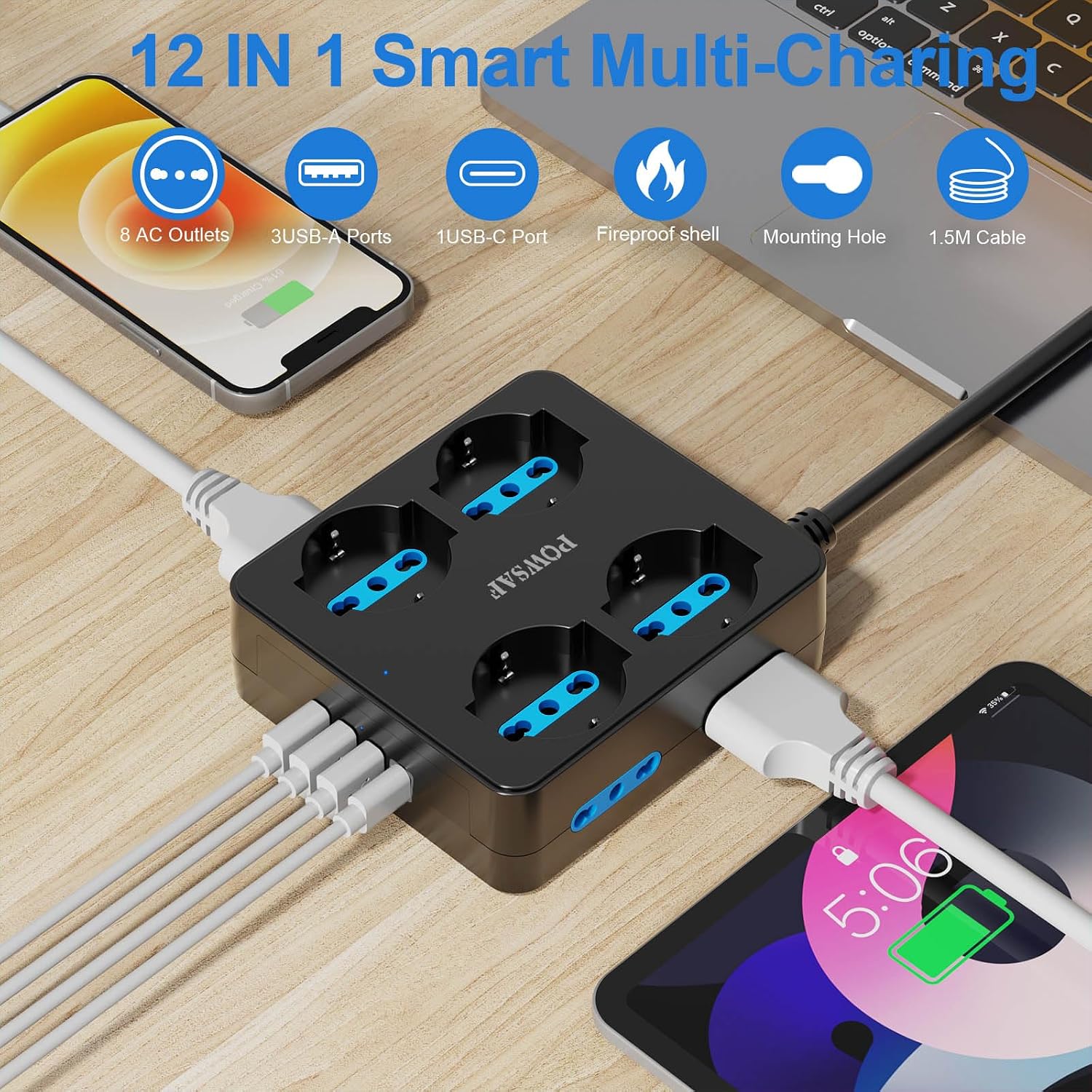 Detalle 2 de POWSAF Presa Multipla 8 Prese 4 USB