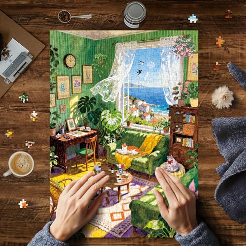 Detalle de HUADADA Puzzle 500 Teile: Grünes Häuschen – mattölbedruckt, augenschonend, ideal für Puzzle-Liebhaber