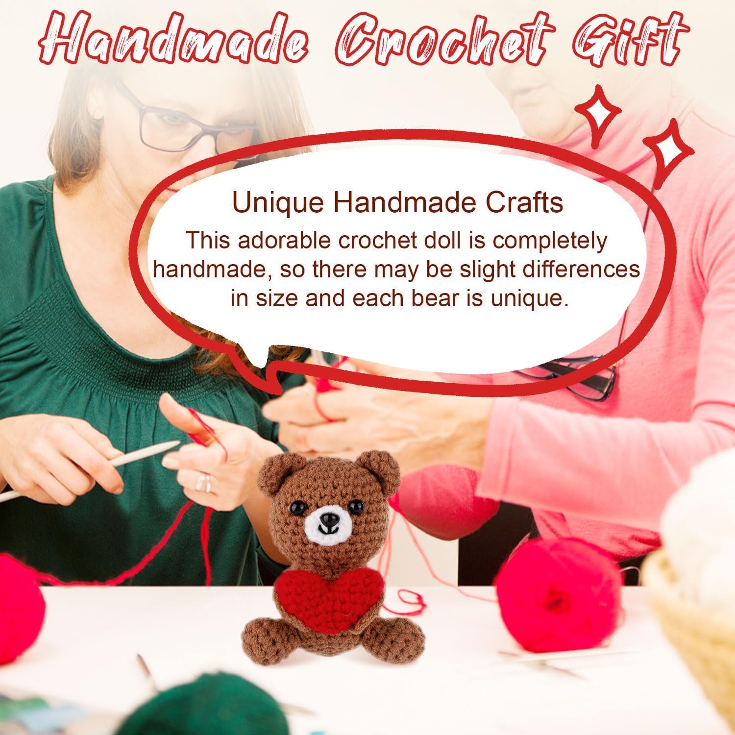 Detalle de ALUNME Positive Bear with Love Heart: Handmade crochet plush with a comforting hug