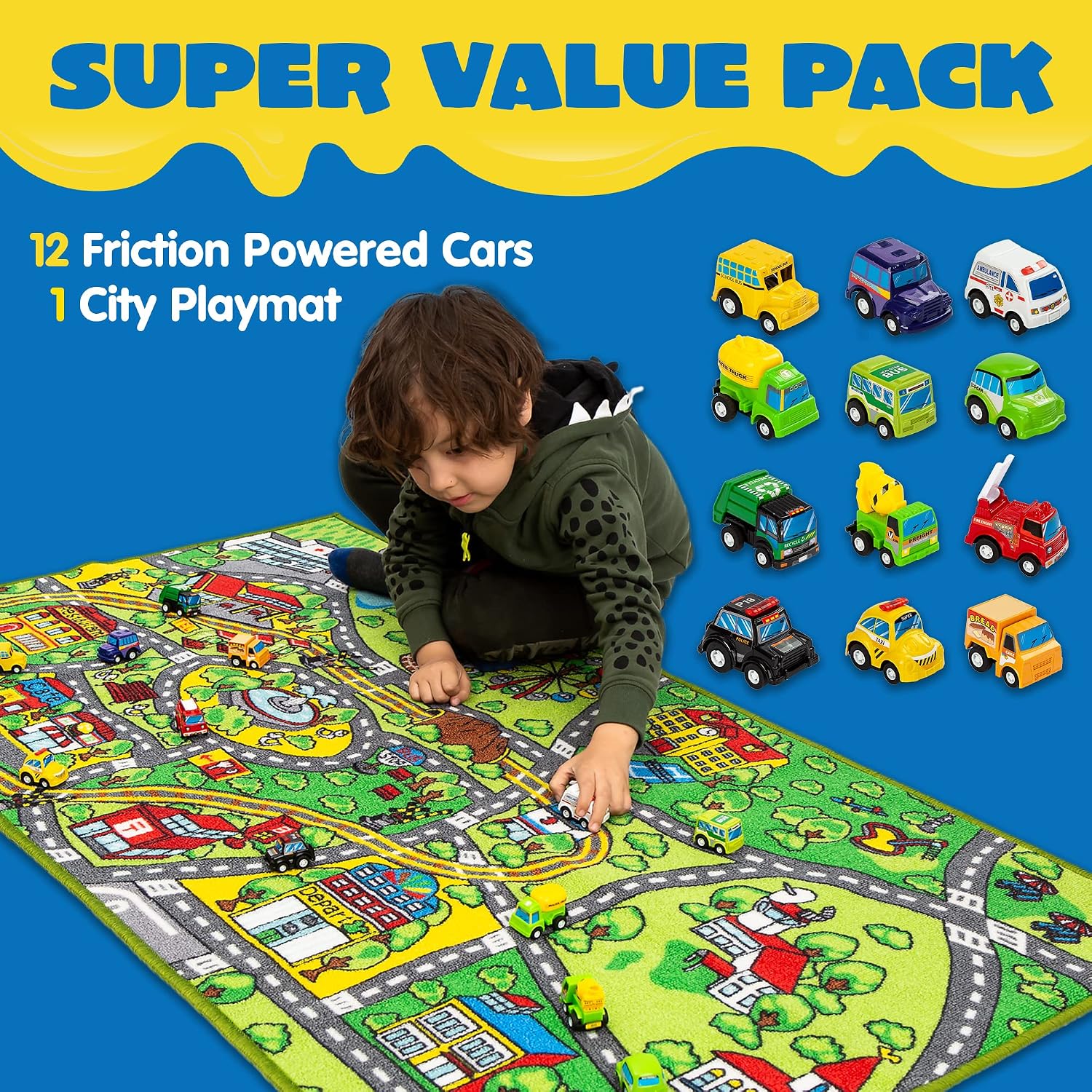 Detalle de JOYIN Kids Play Mat – Community Playmat with Road Tracks & 12 Vehicles (148x80 cm)
