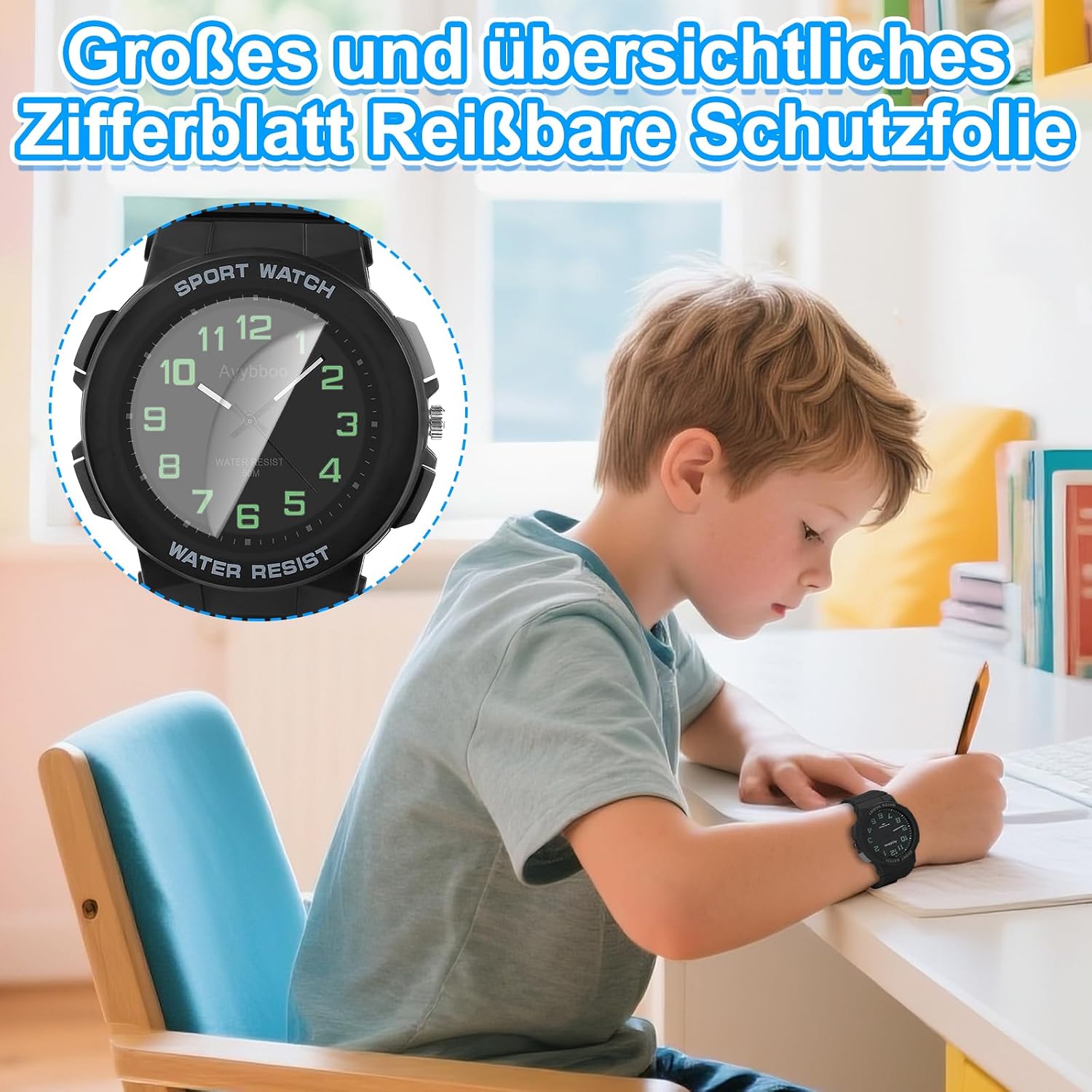 Detalle de Ayybboo Analog Kinderuhr: 4–16 Jahre, wasserdicht, mit Leuchtzifferblatt