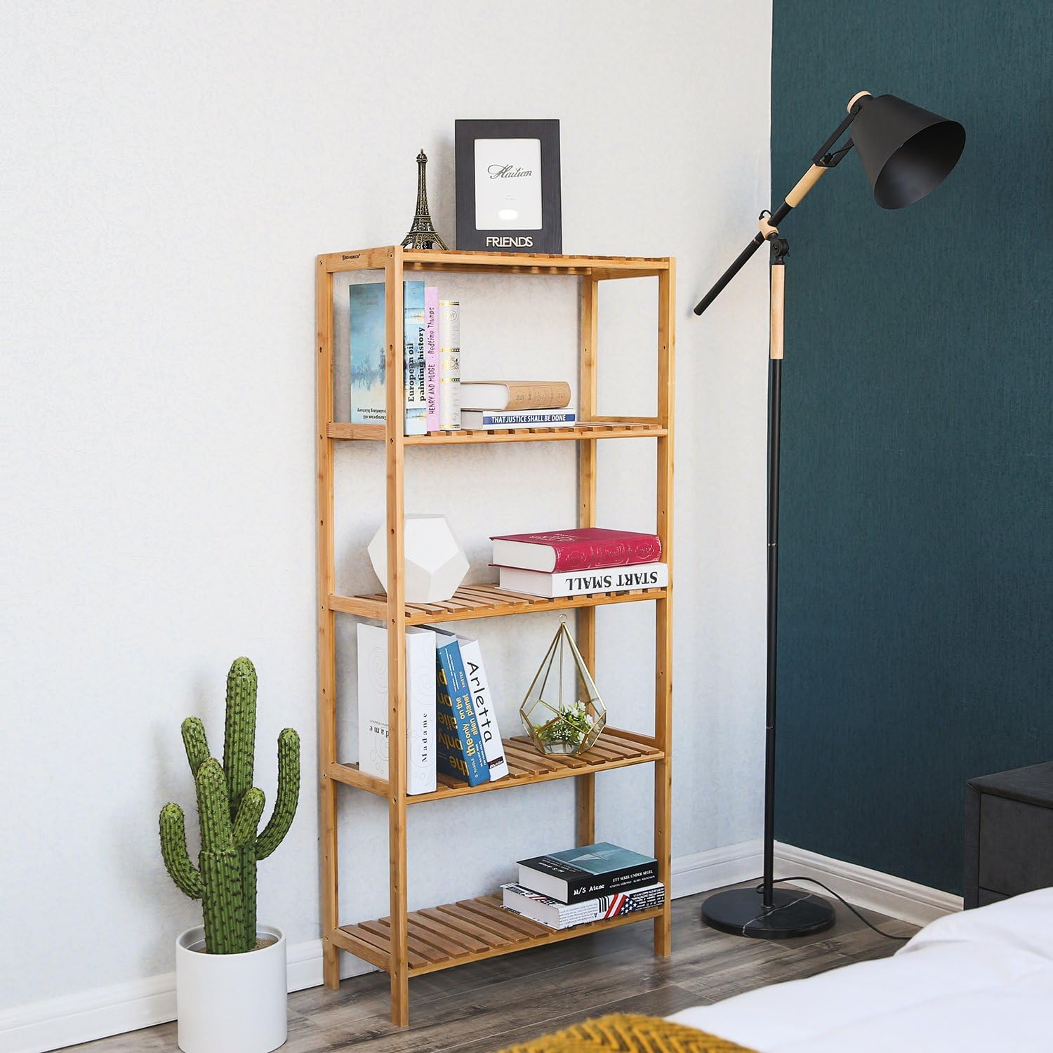 Detalle de SONGMICS BCB35Y Bamboo 5-Shelf Floor Storage Rack — Adjustable Heights in Natural Finish