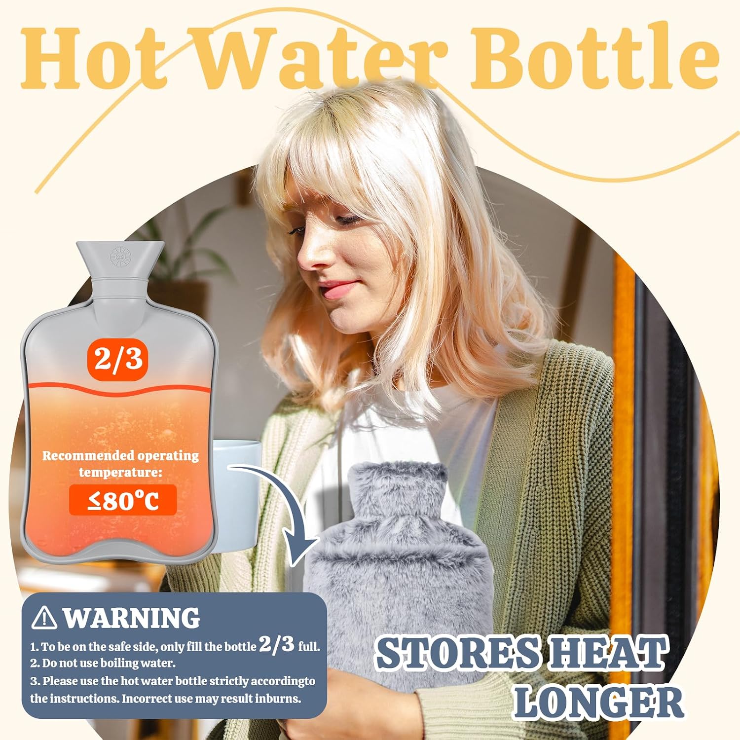 Thumbnail 4 de HAOCEE Wärmflasche mit Bezug (2 L) mit Känguru-Tasche – grau