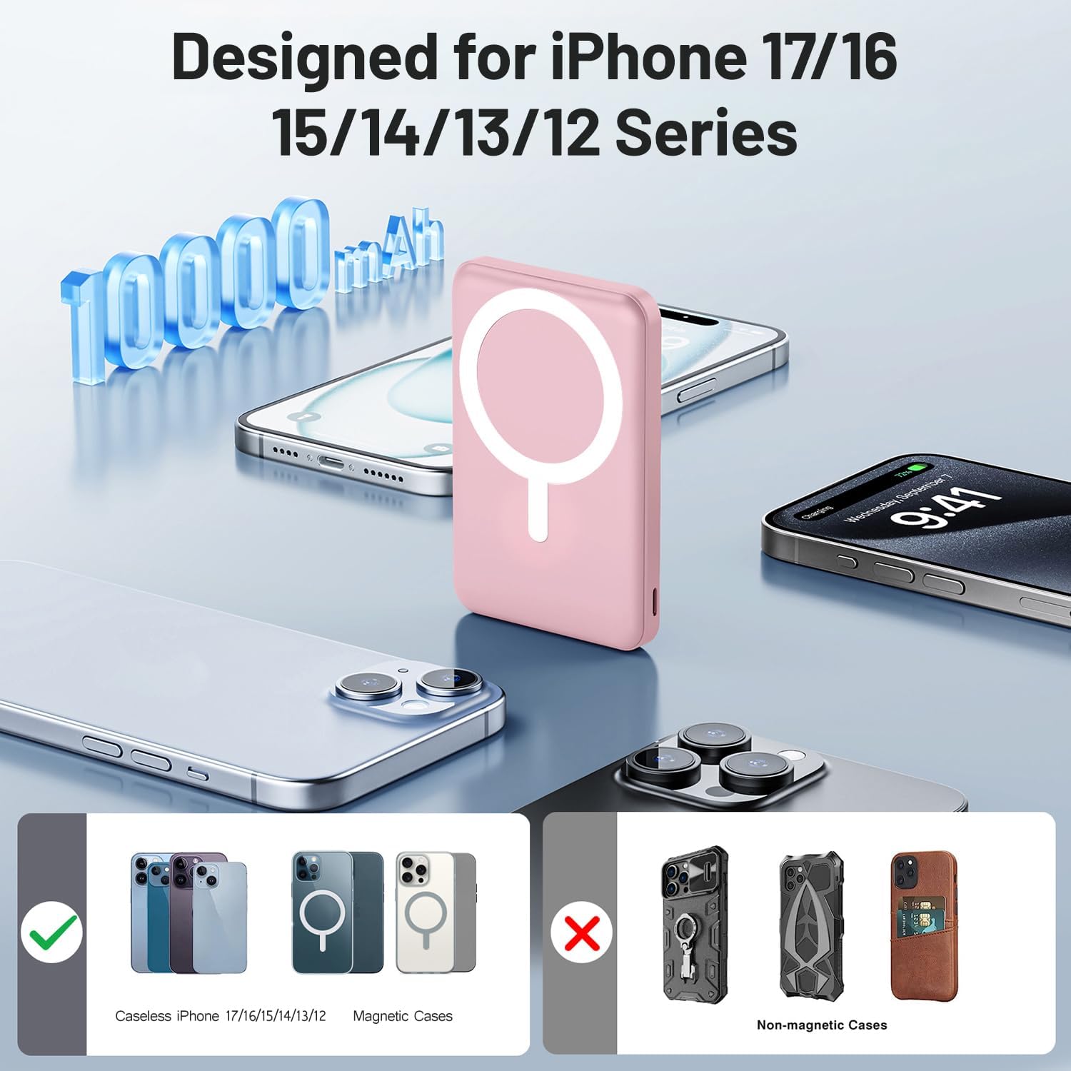 Detalle de AOGUERBE KT-D001 Magnetic Power Bank, 10,000mAh, Stand, LED Display, Pink