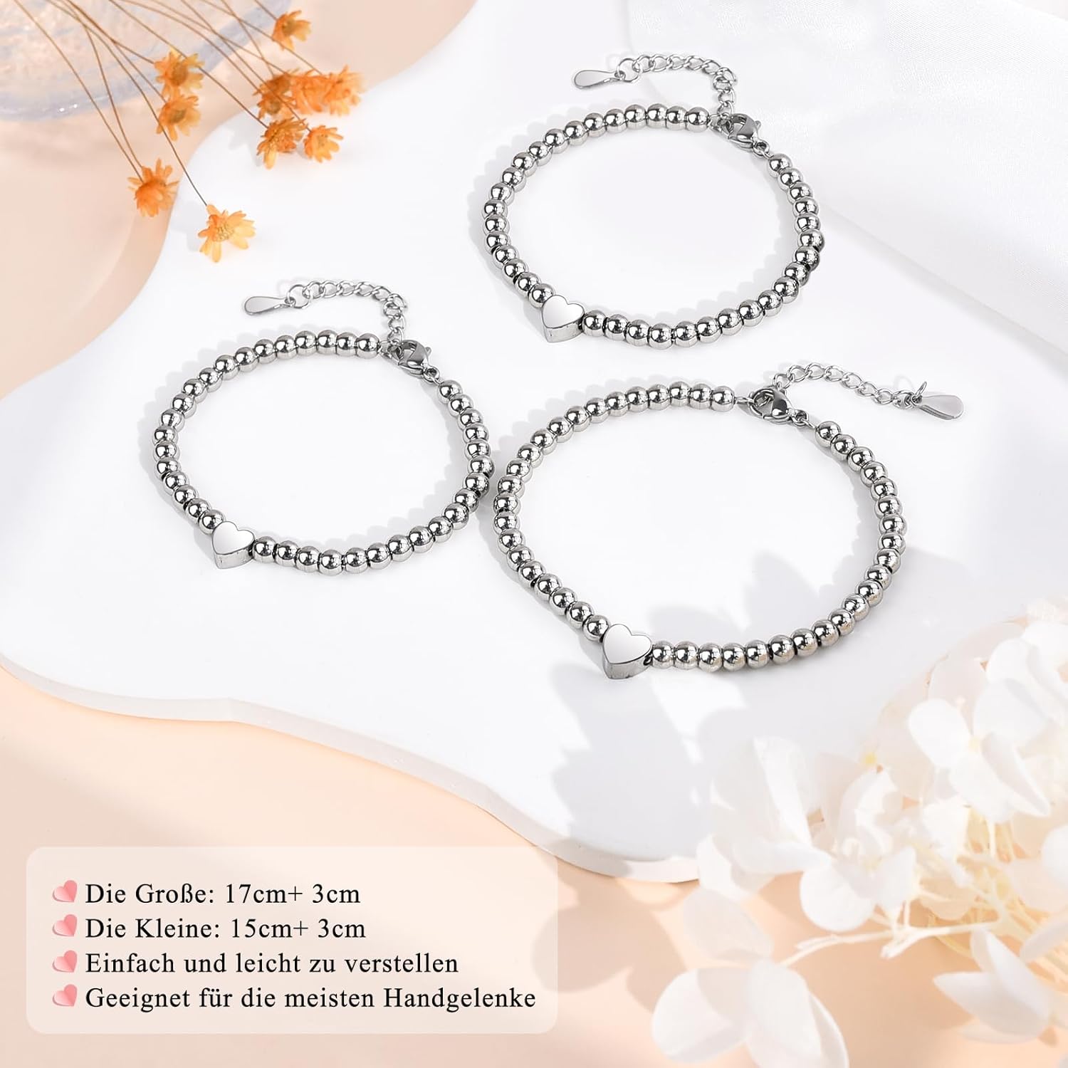 Thumbnail 3 de SUNSH Mutter-Tochter Armband Set – Herzmotiv, 2er/3er Pack, Größen 17+5 cm und 15+4 cm, hypoallergen, Schulanfang & Muttertags-Geschenk