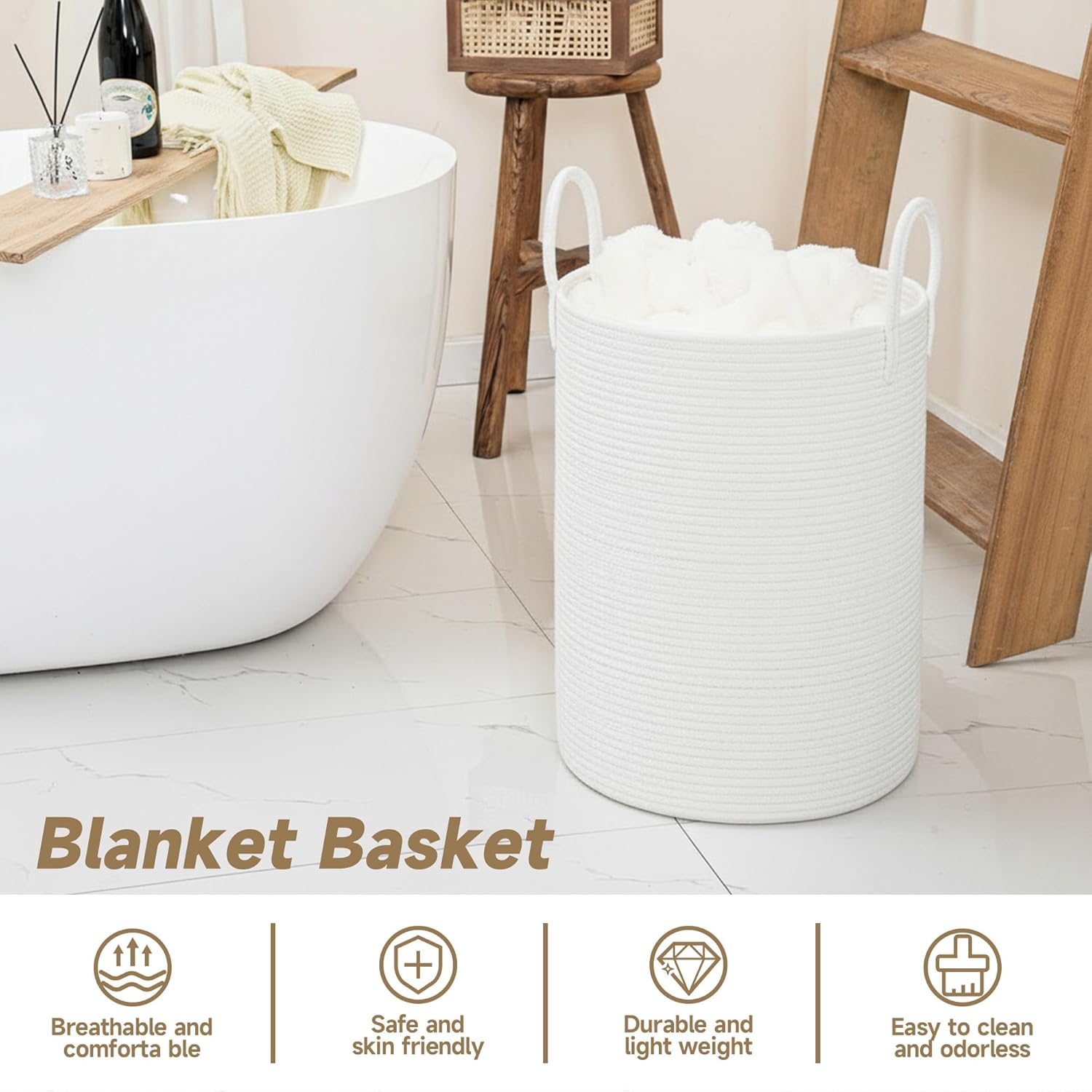 Thumbnail 1 de CLHMILY&Z Laundry Hamper Round Storage Rope Basket (White, 60L)