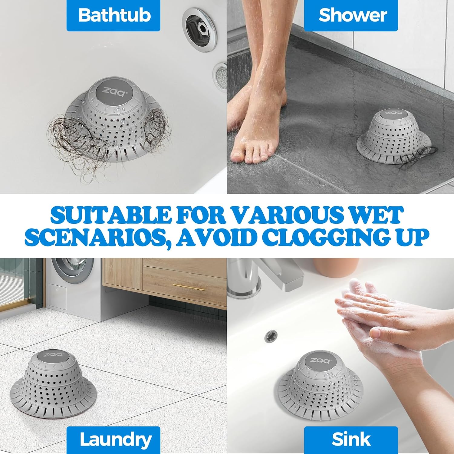 Detalle 2 de zaa CA-DPT-1P-G-0221 Collapsible Silicone Bathtub Drain Hair Catcher, Light Grey